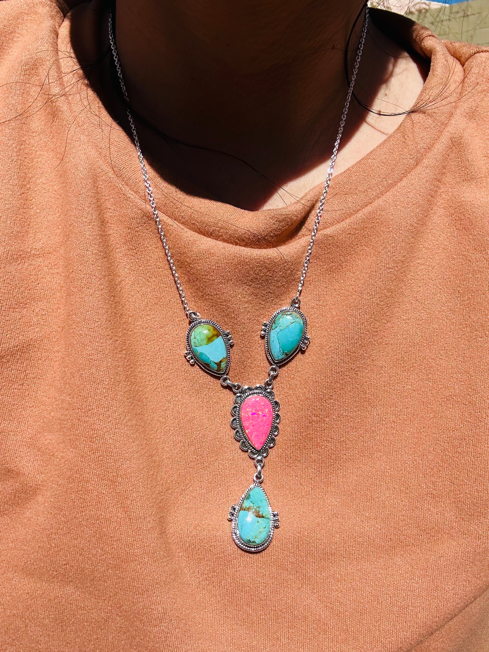 Southwest Handmade Multi Stone & Sterling Silver Lariat Necklace