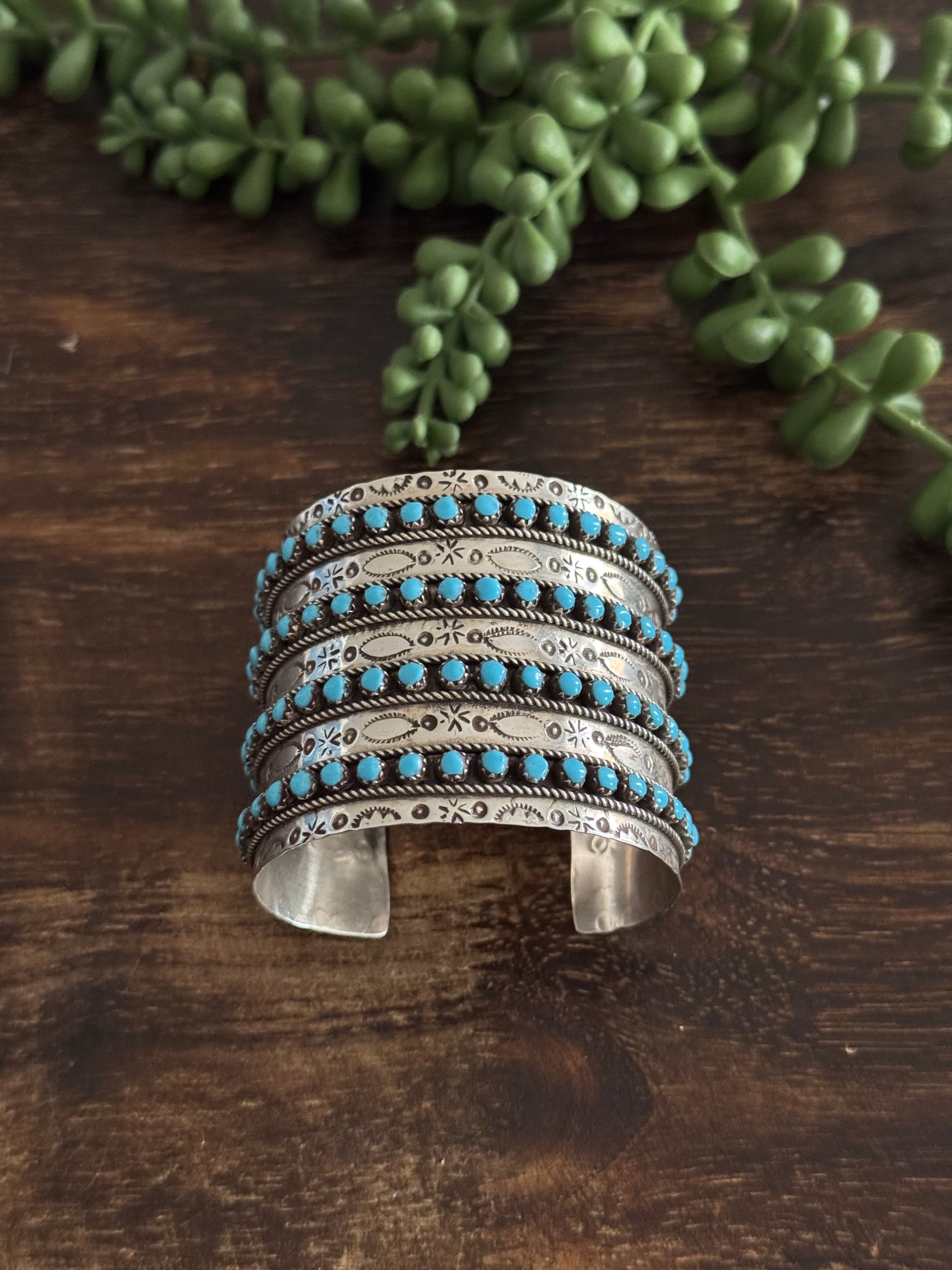 Zuni Made Kingman Turquoise & Sterling Silver Petite Cluster Cuff Bracelet