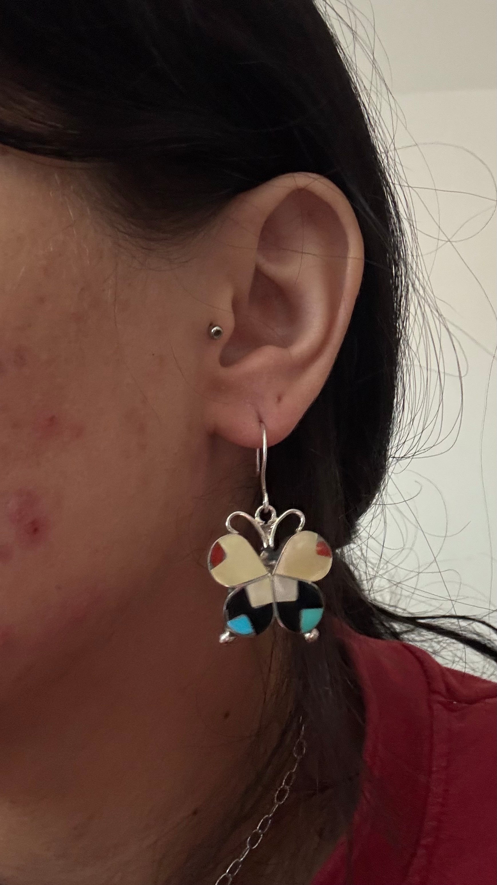 Zuni Made Multi Stone & Sterling Silver Dangle Earrings