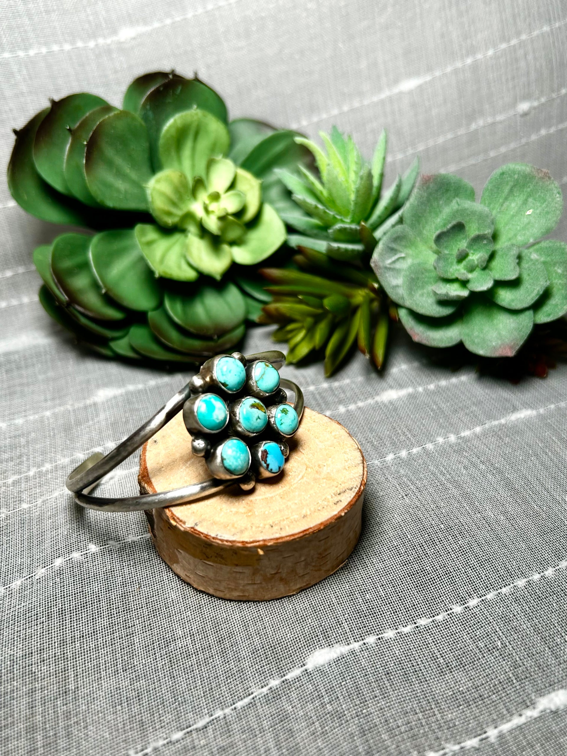 Navajo Made Mixed Turquoise & Sterling Silver Cluster Cuff Bracelet