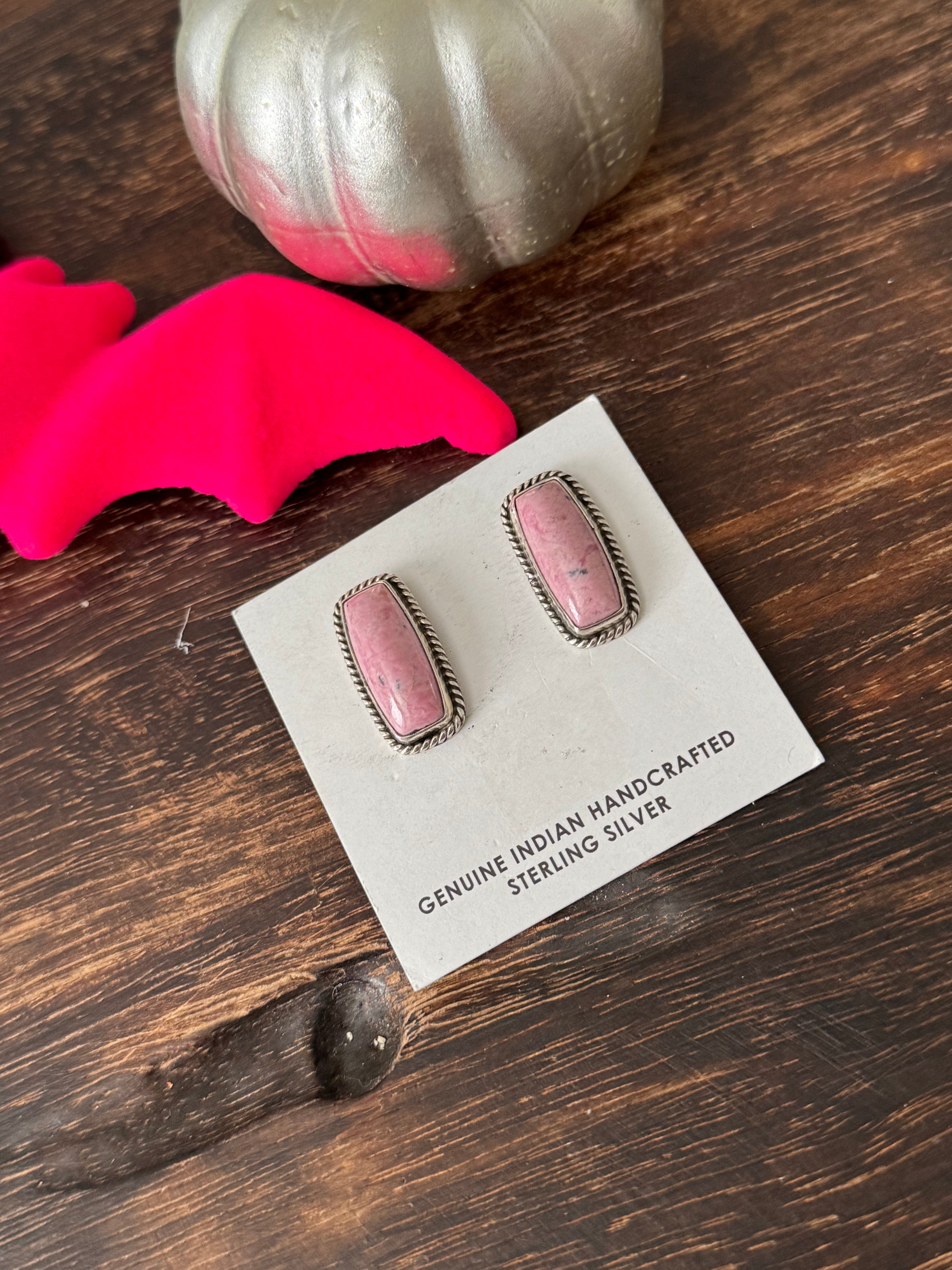 Navajo Made Rhodochrosite & Sterling Silver Post Earrings