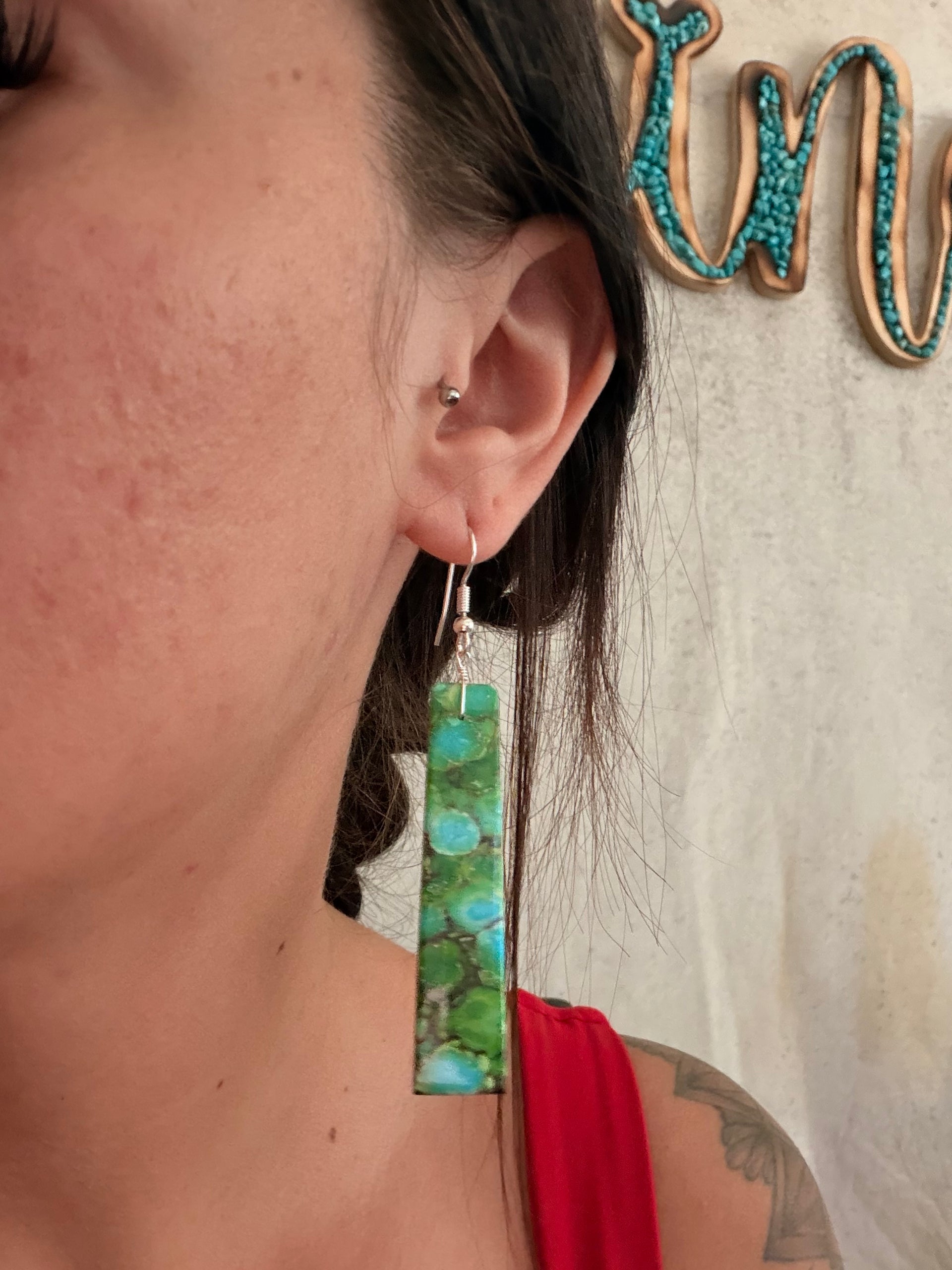 Navajo Made Green Mohave Turquoise & Sterling Silver Slab Dangle Earrings