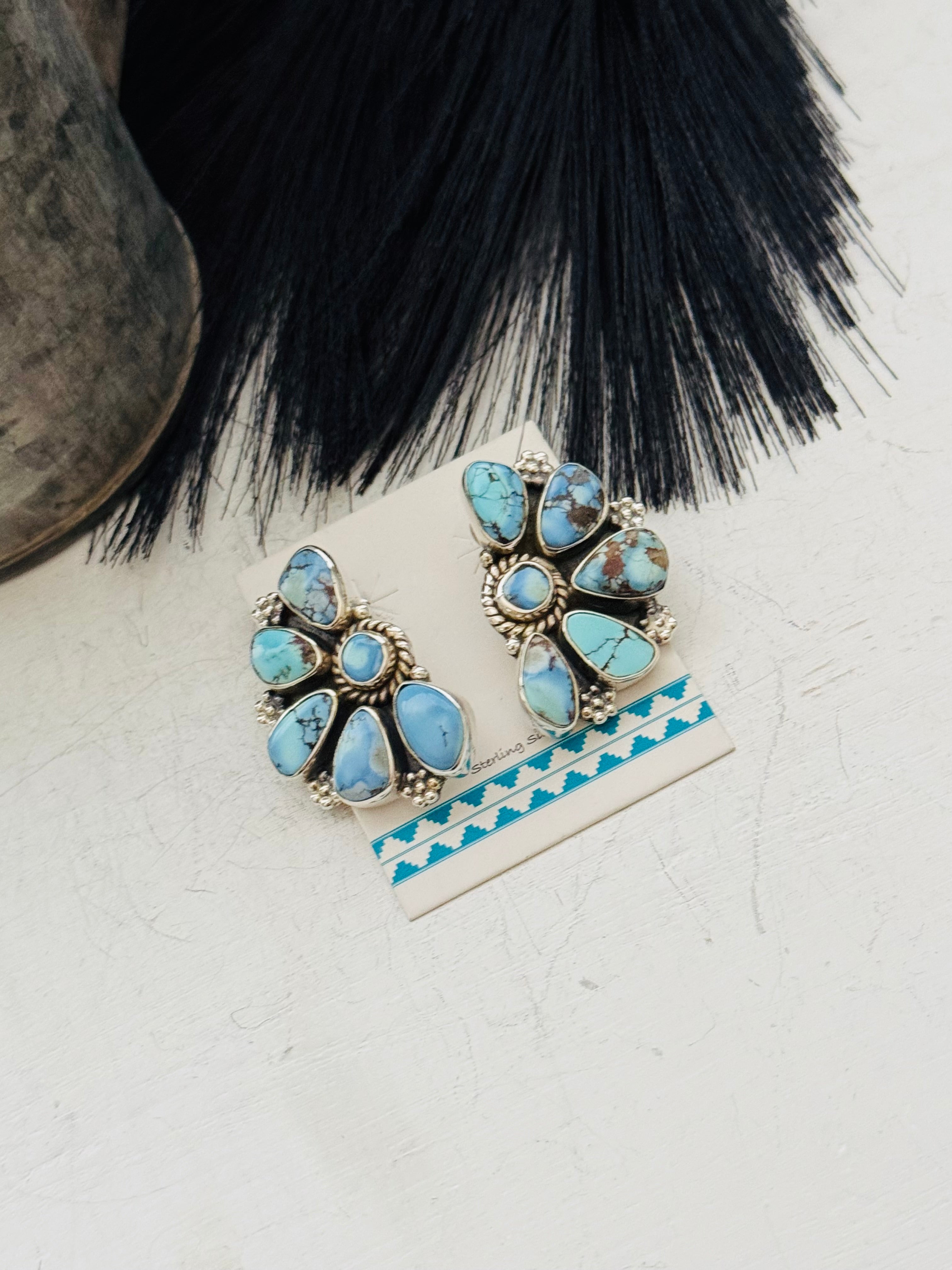 Southwest Handmade Golden Hills Turquoise & Sterling Silver Post Half Cluster Earrings