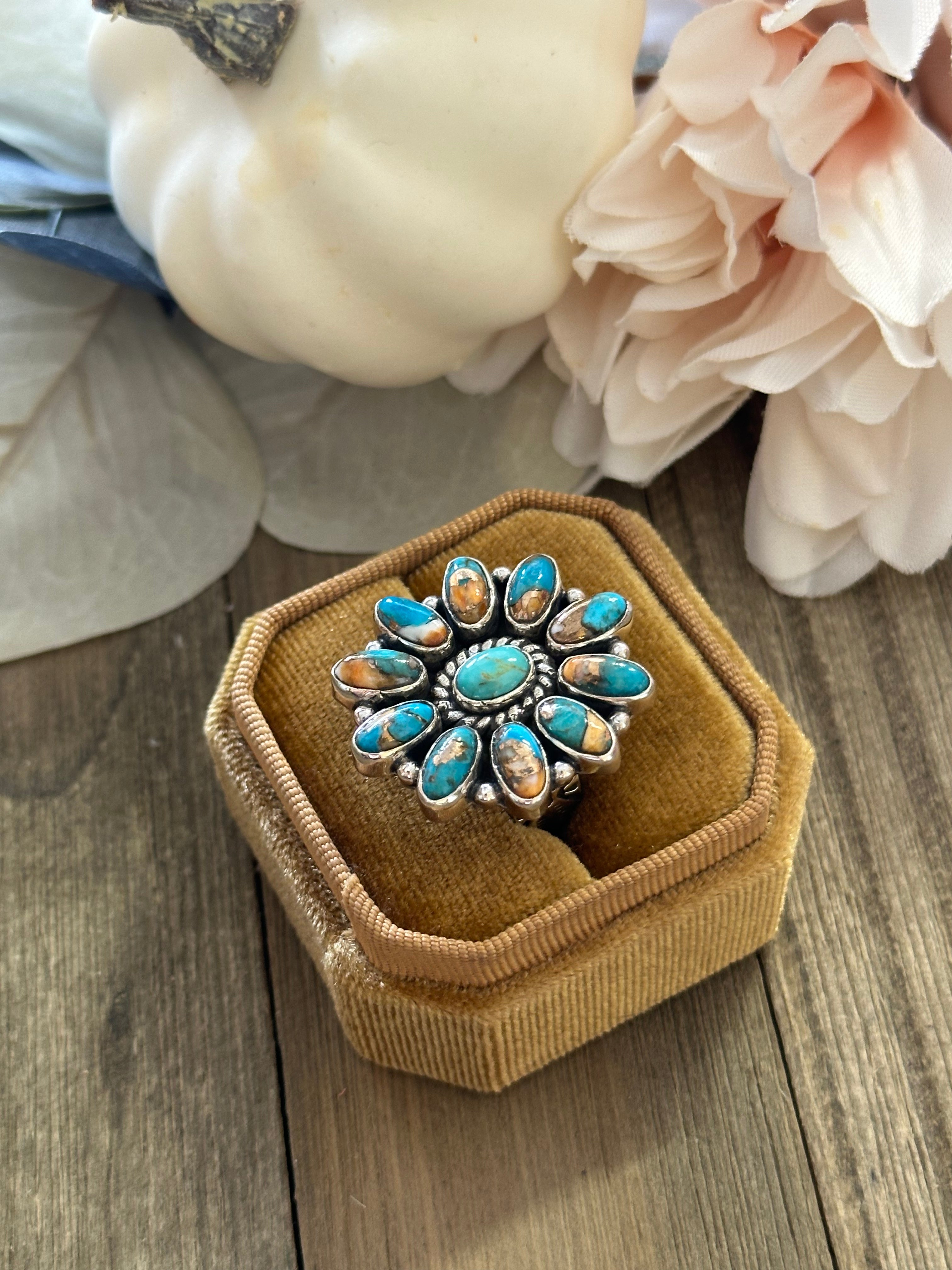 Southwest Handmade Mohave Turquoise & Sterling Silver Adjustable Cluster Ring