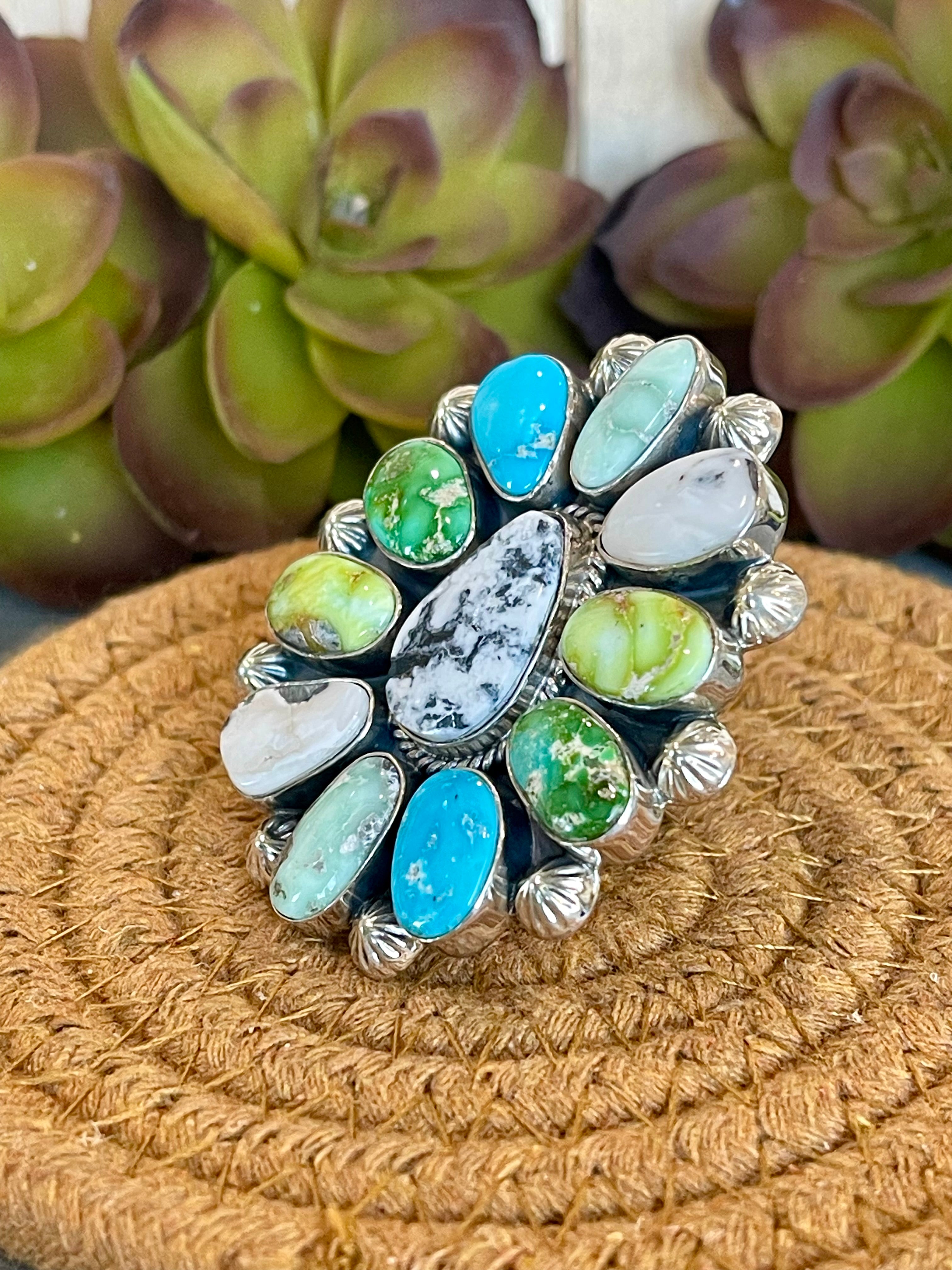 Southwest Handmade Multi Stone & Sterling Silver Adjustable Ring