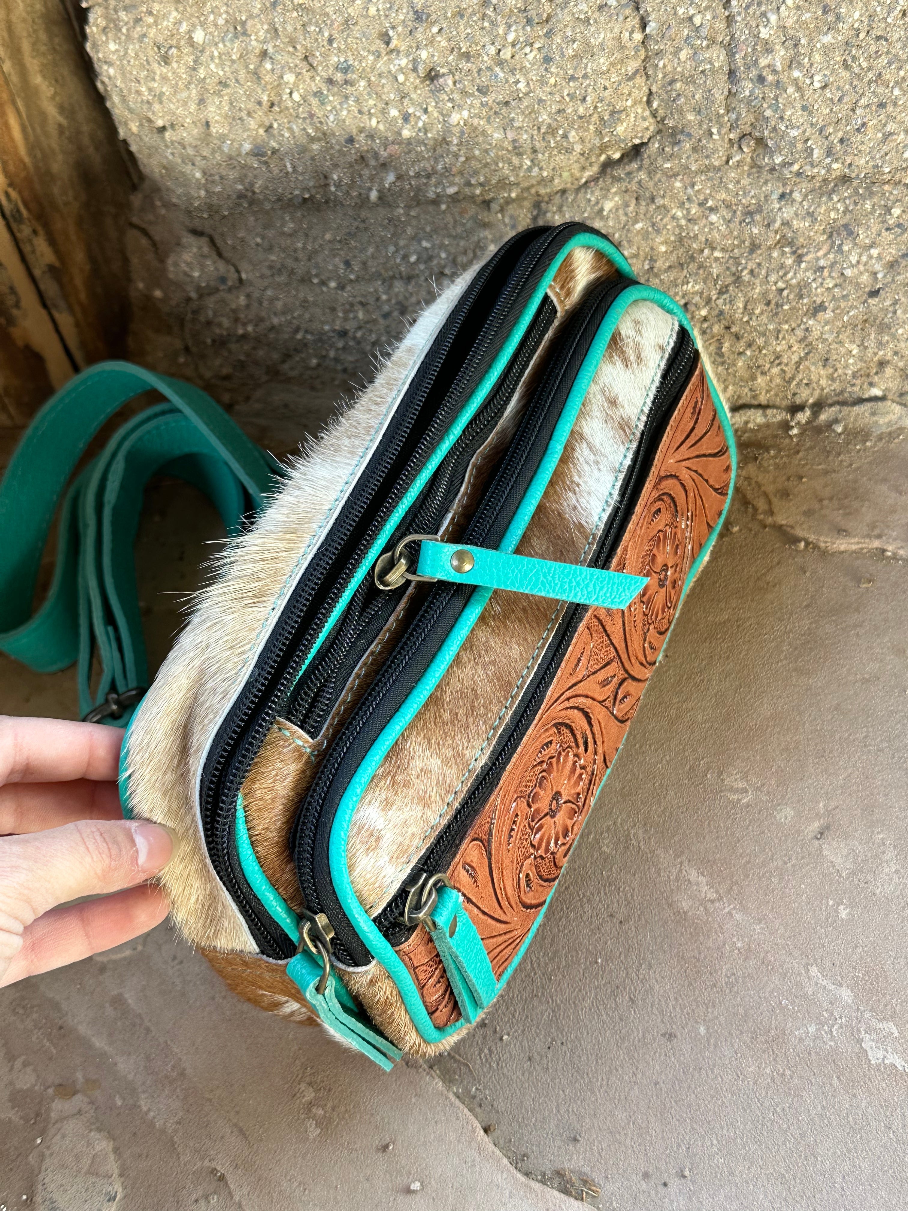 Genuine Tooled Leather Cowhide Cross Body