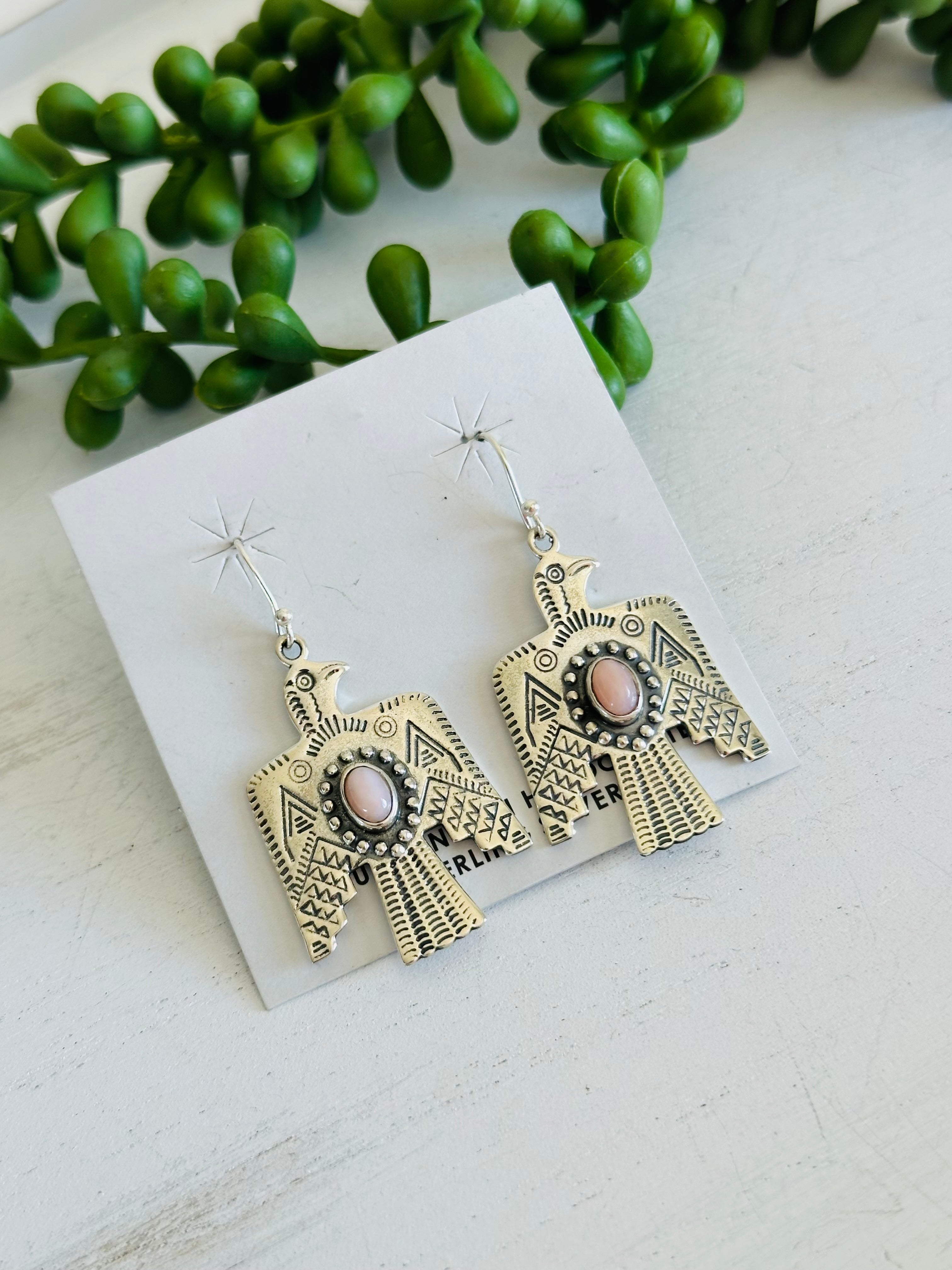 Southwest Handmade Peruvian Pink Opal & Sterling Silver Dangle Thunderbird Earrings