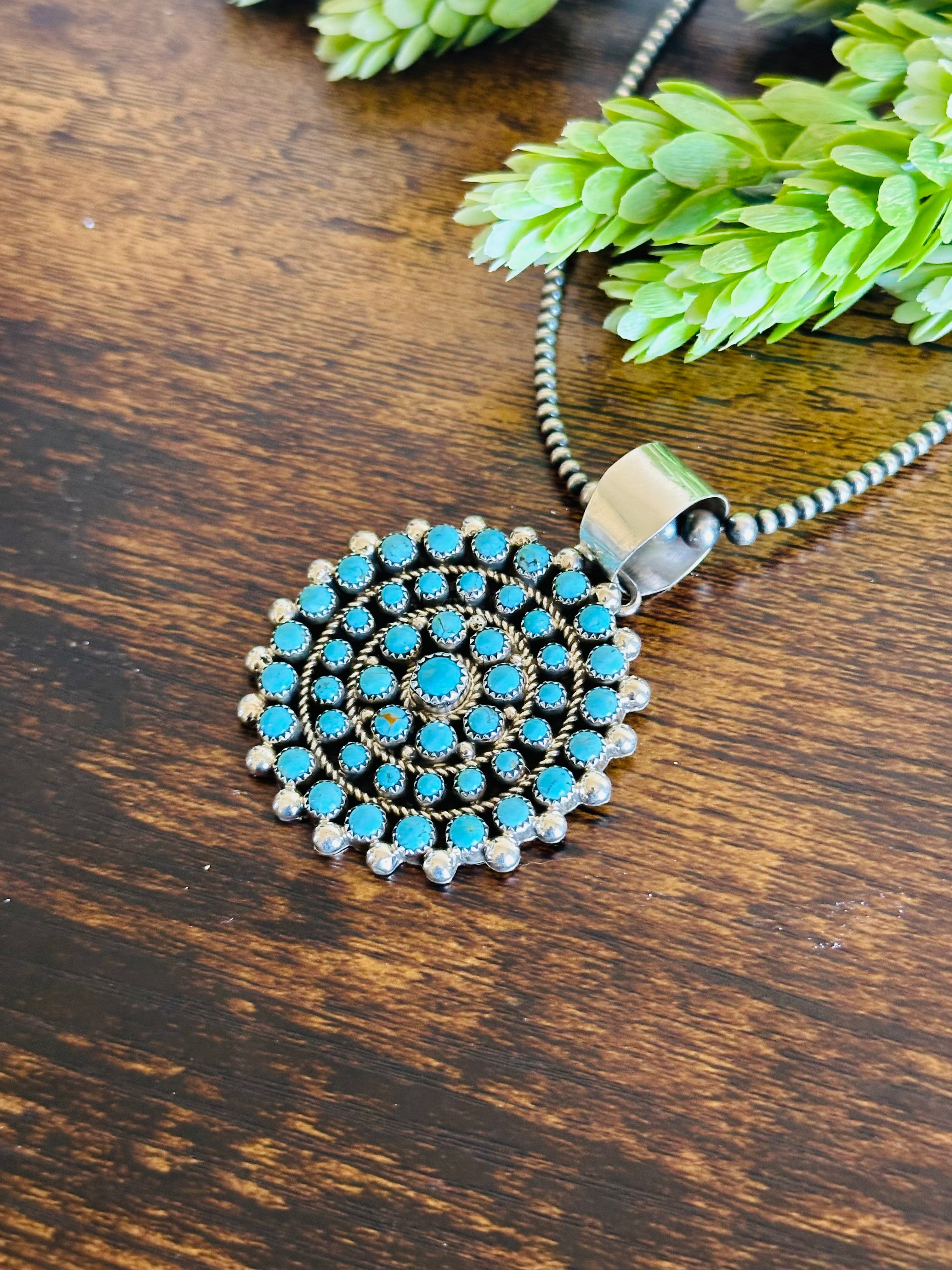 Navajo Made Kingman Turquoise & Sterling Silver Cluster Pendant