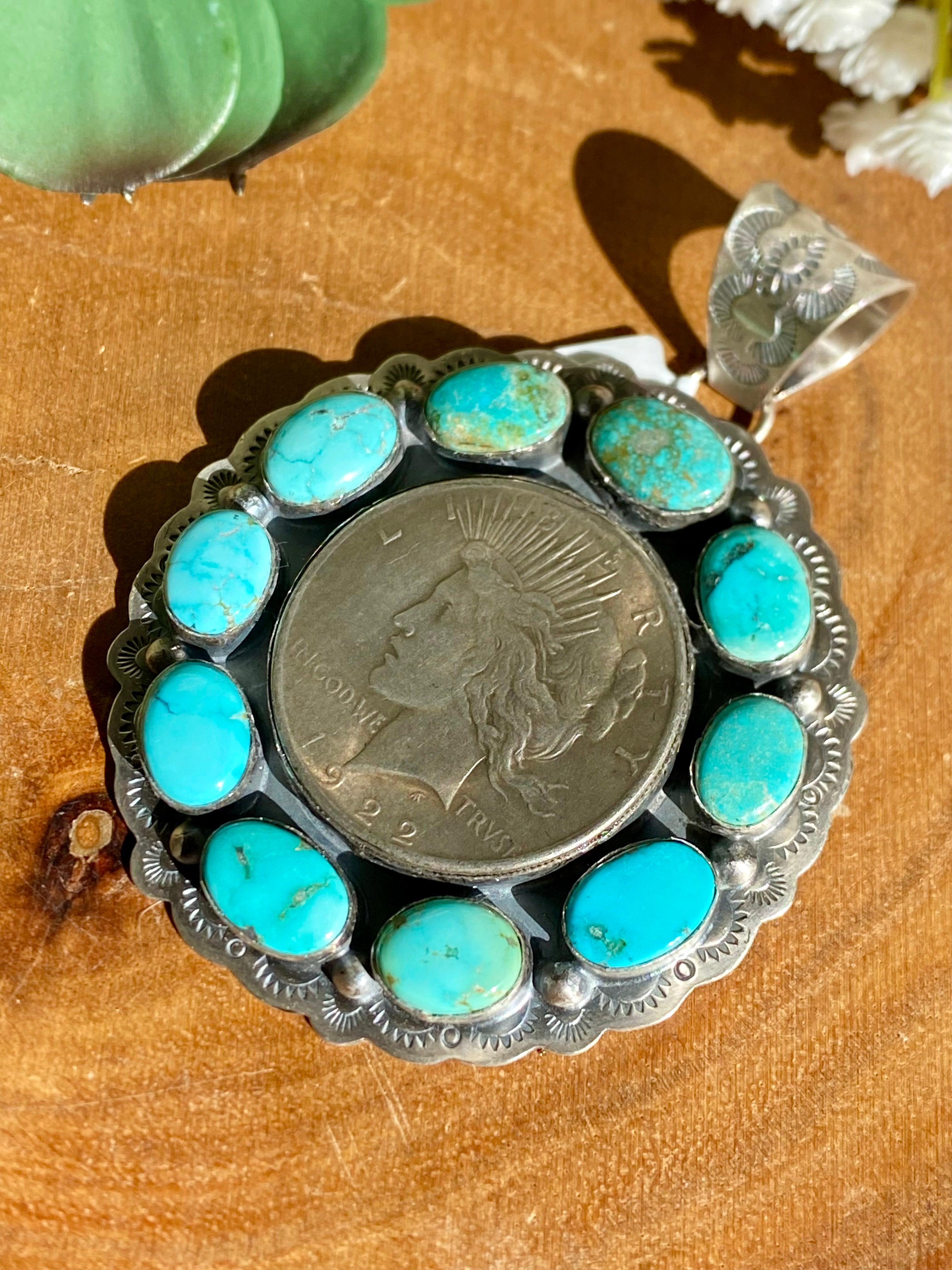 Navajo Made Kingman Turquoise & Sterling Silver 1922 Silver Dollar PENDANT ONLY