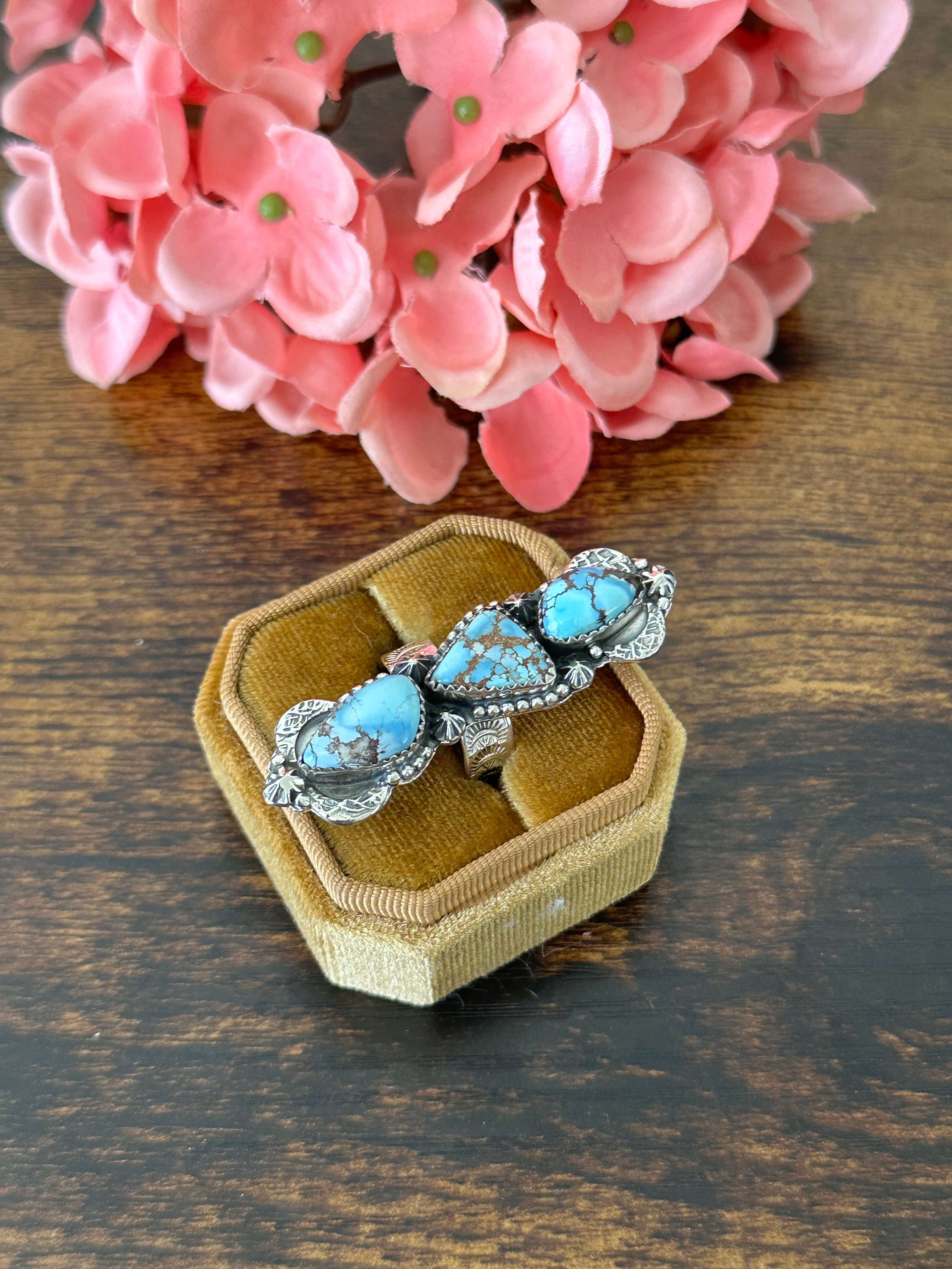 Southwest Handmade Golden Hills Turquoise & Sterling Silver Cluster Adjustable Ring