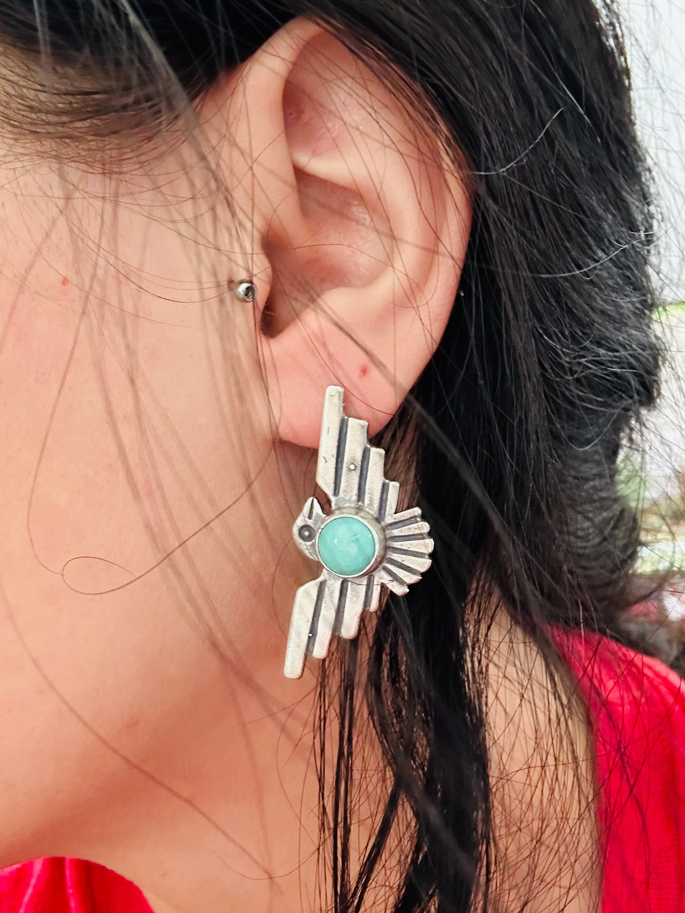 Navajo Handmade Kingman Turquoise & Sterling Silver Post Thunderbird Earrings