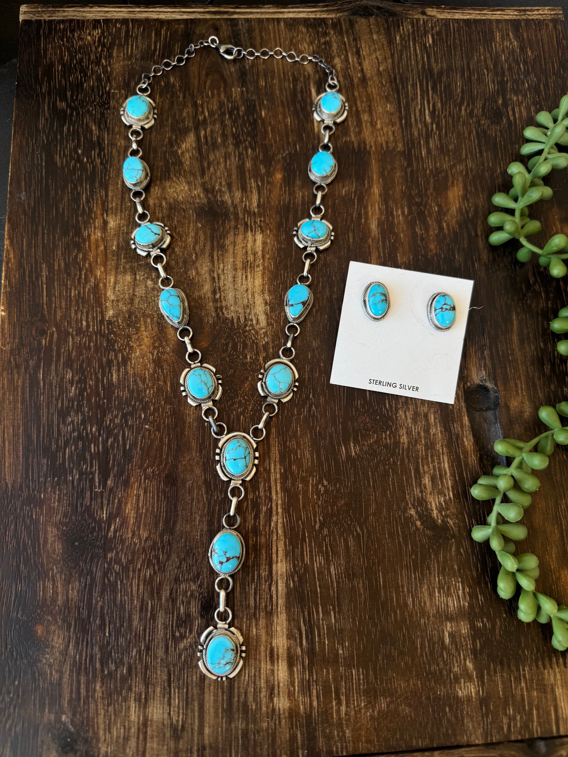 Navajo Made Egyptian Prince Turquoise & Sterling Silver Lariat Necklace Set