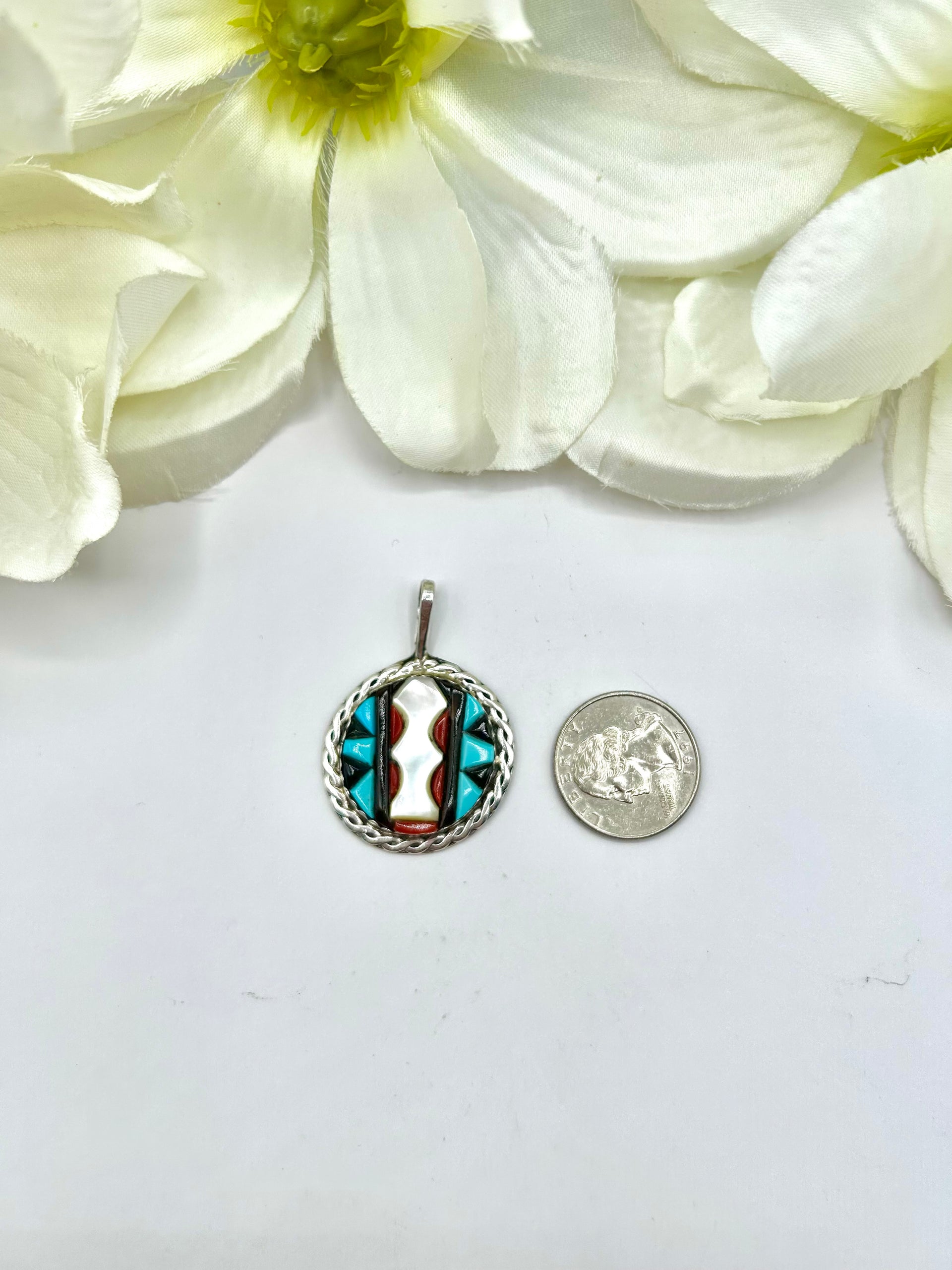 Zuni Made Multi Stone & Sterling Silver Pendant