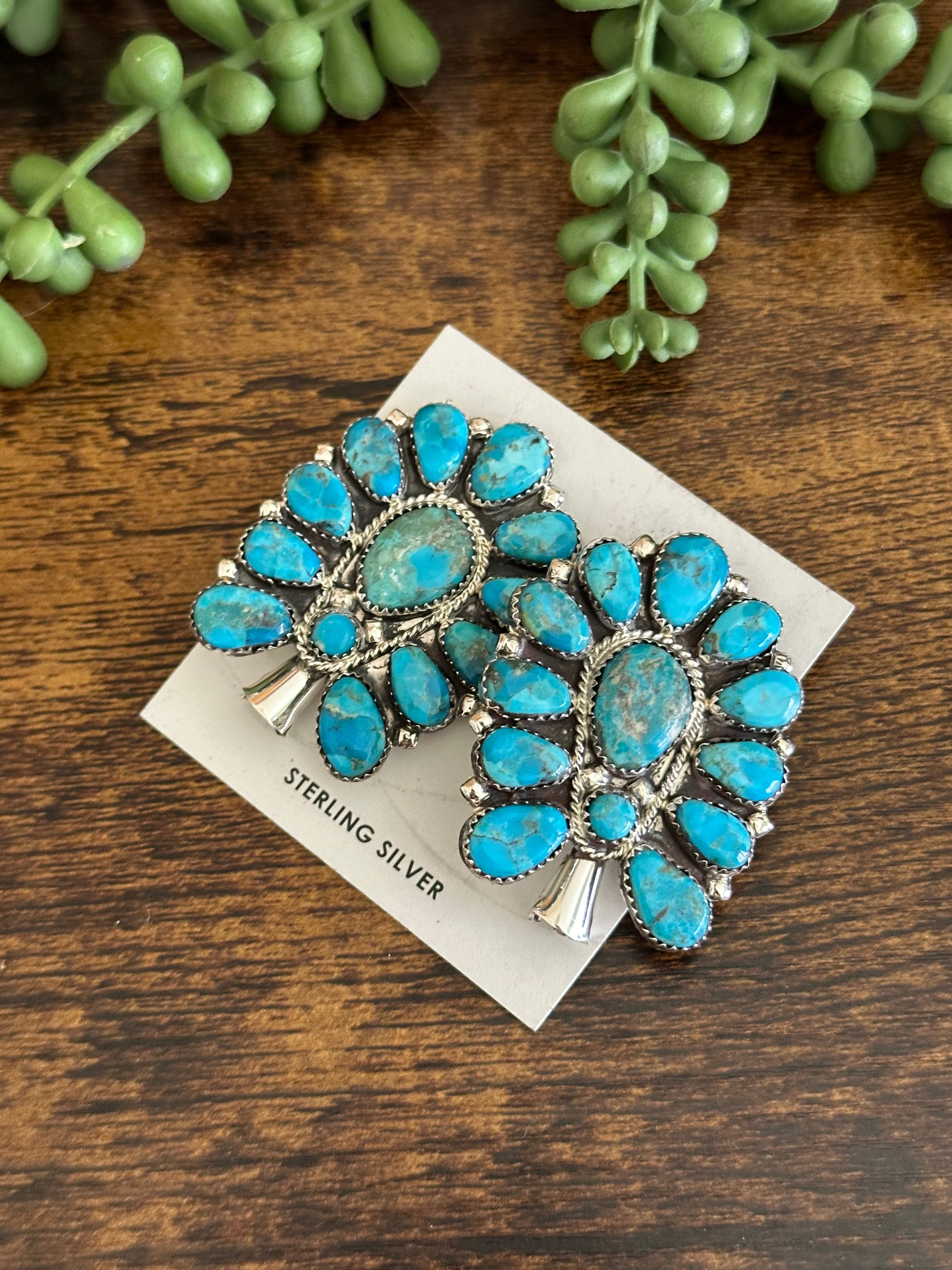 Navajo Handmade Turquoise & Sterling Silver Post Dangle Earrings