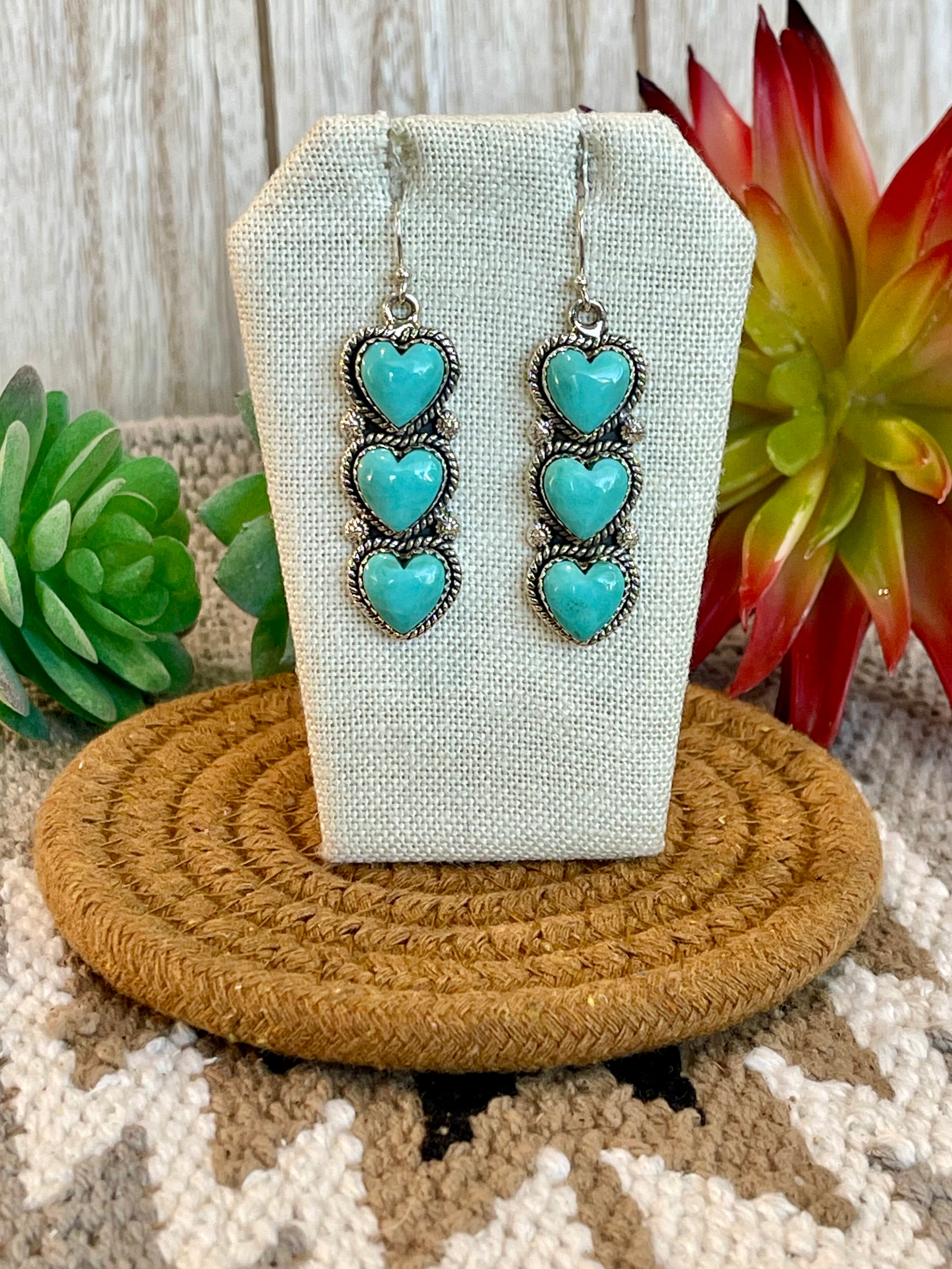 Southwest Handmade Kingman Turquoise & Sterling Silver Post Dangle Heart Earrings