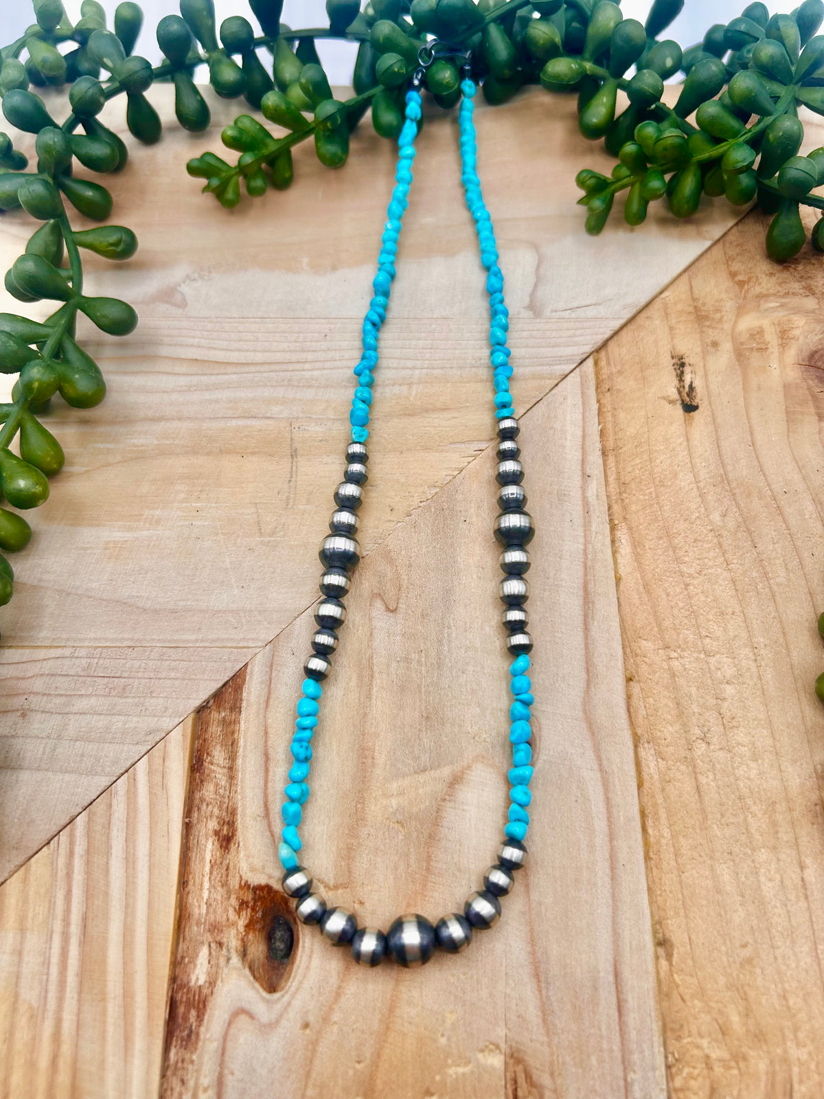 Navajo Made Strung Kingman Turquoise & Sterling Silver Necklace