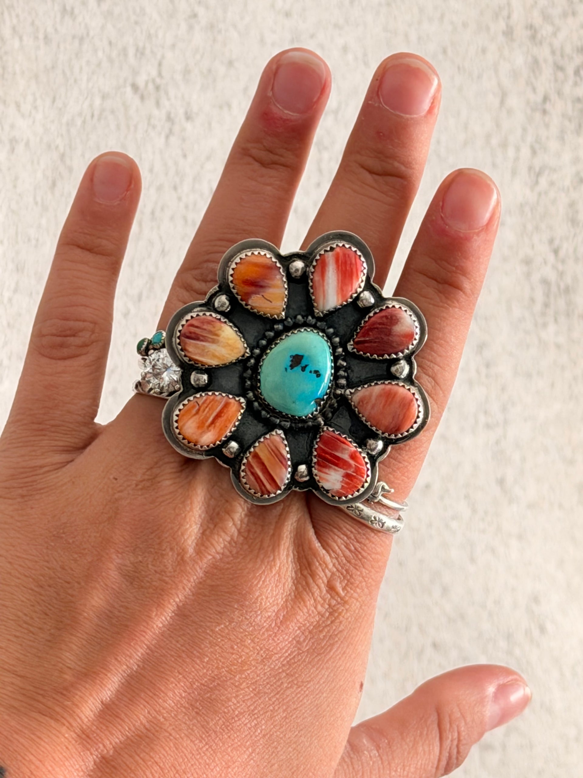 Navajo Made Multi Stone & Sterling Silver Cluster Adjustable Ring