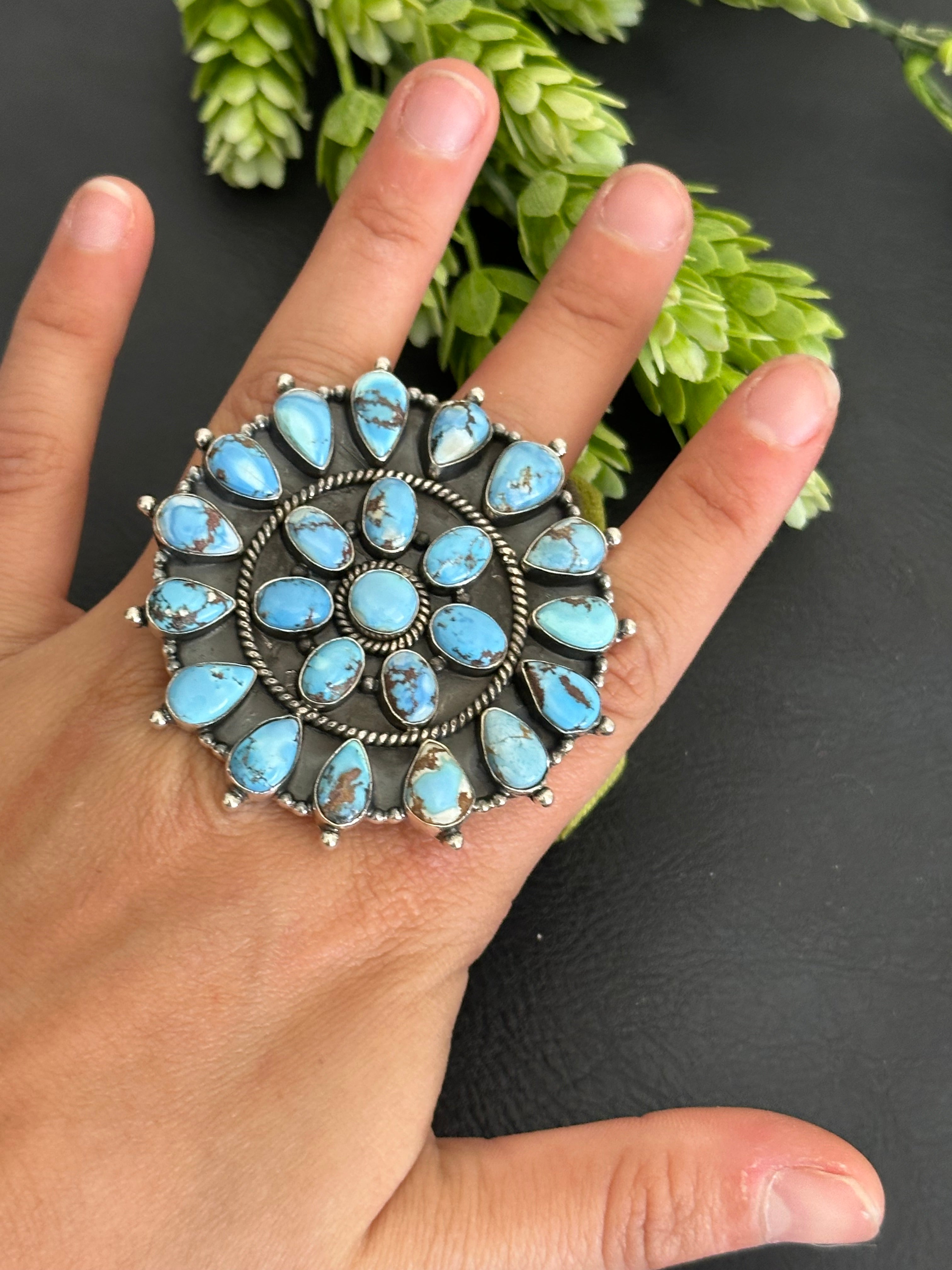 Southwest Handmade Golden Hills Turquoise & Sterling Silver Adjustable Cluster Ring