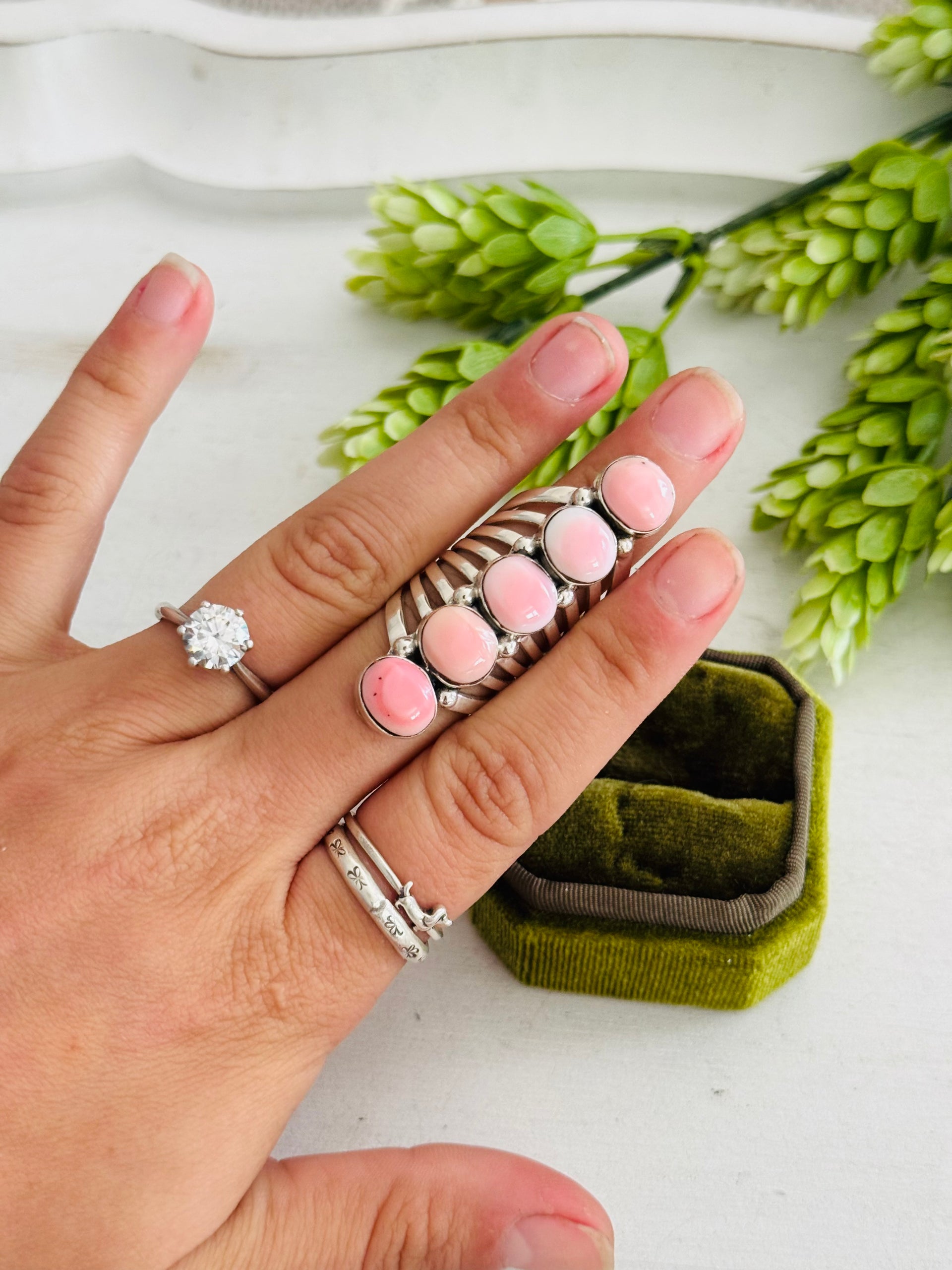 Navajo Made Pink Conch & Sterling Sliver Cluster Ring Size 6