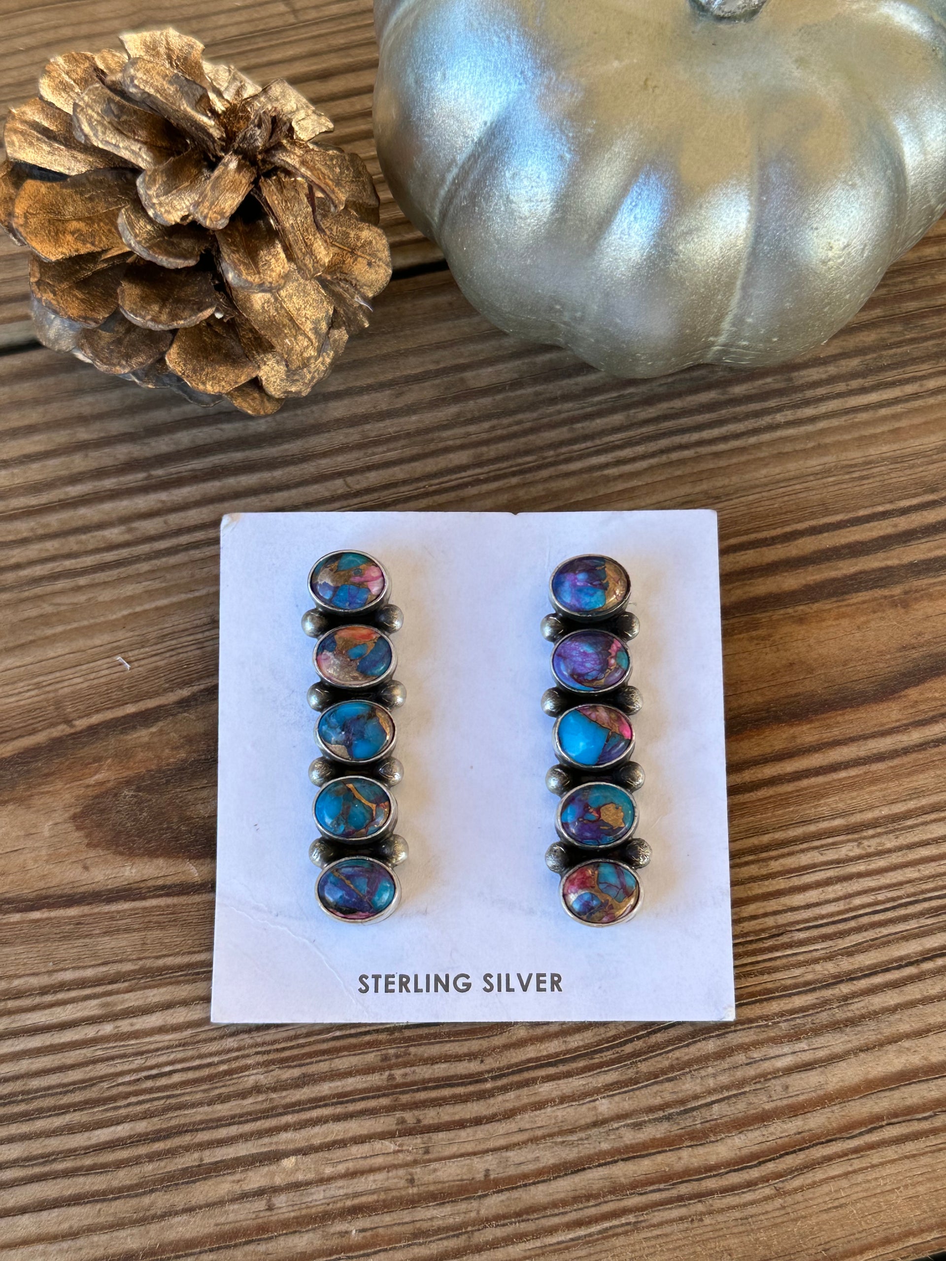 Navajo Made Mohave Turquoise & Sterling Silver Post Dangle Earrings