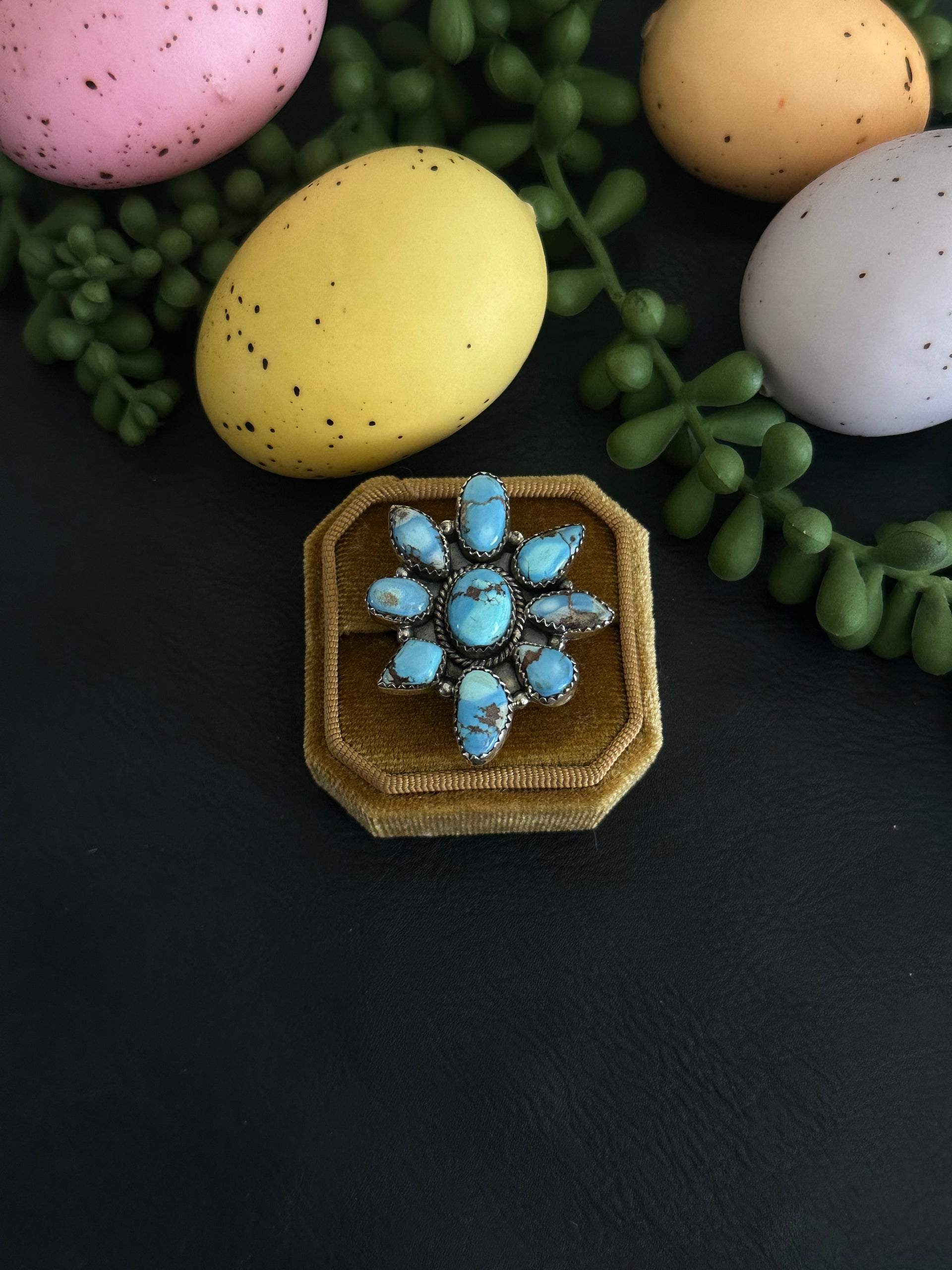 Southwest Handmade Golden Hills Turquoise & Sterling Silver Adjustable Cluster Ring