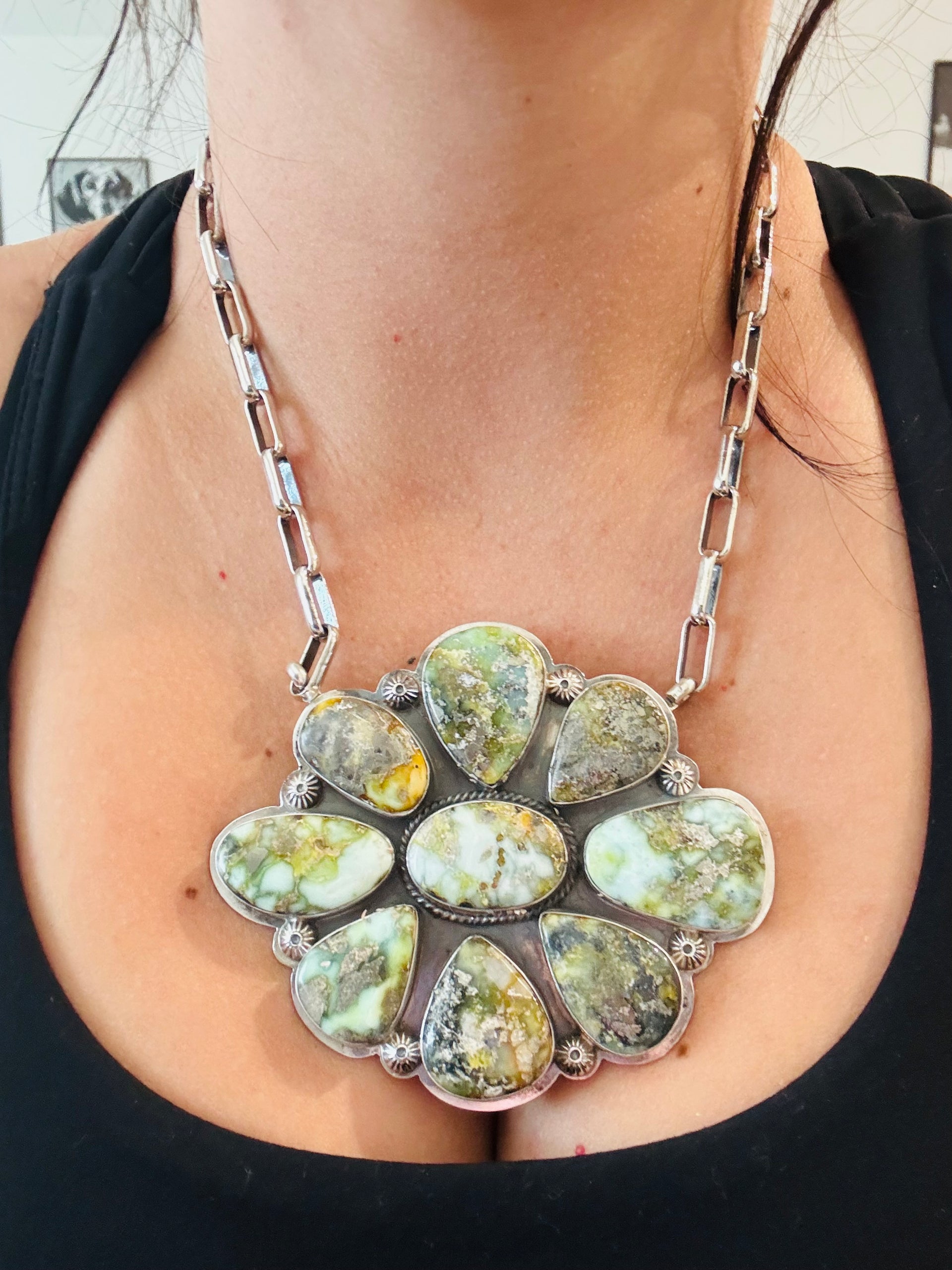 Southwest Made Palomino Variscite & Sterling Silver Cluster Necklace