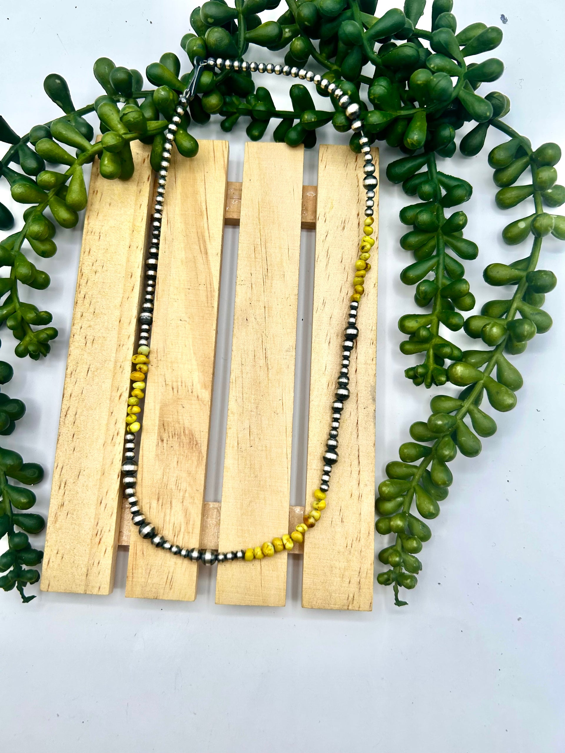 Navajo Made Strung Palomino Variscite & Sterling Silver Necklace
