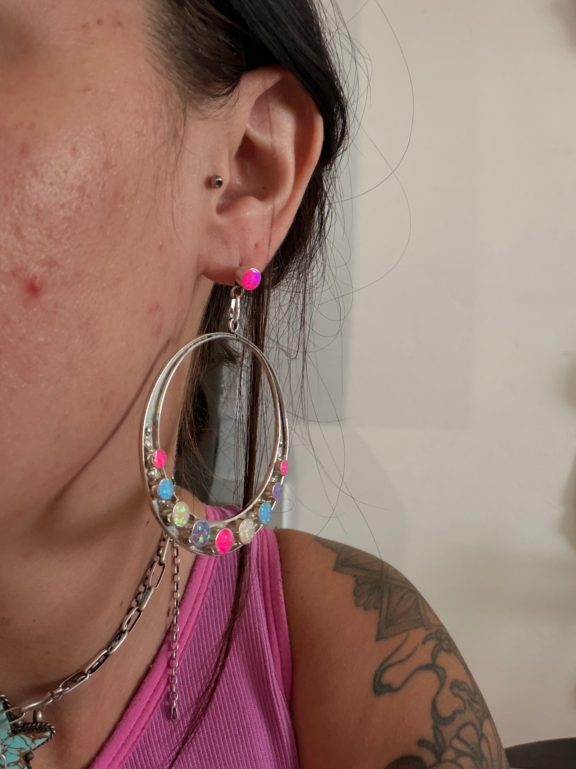 Zuni Made Opal (Man Made) & Sterling Silver Post Dangle Earrings