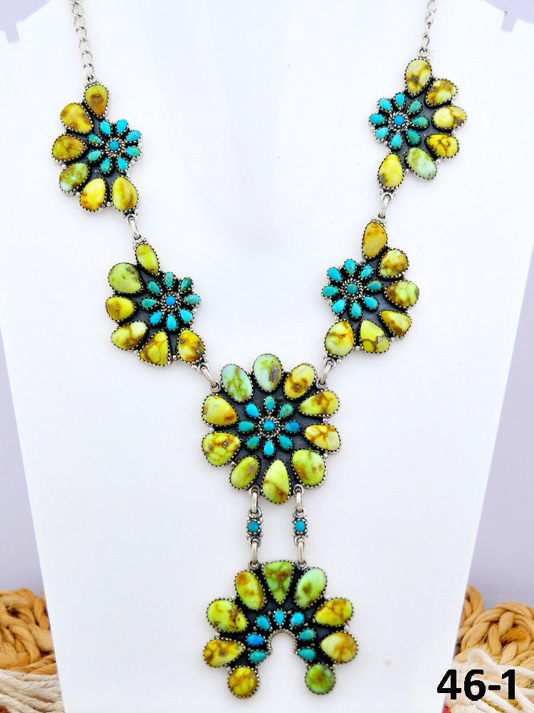 Southwest Made Palomino Turquoise with Mohave Turquoise & Sterling Silver Necklace