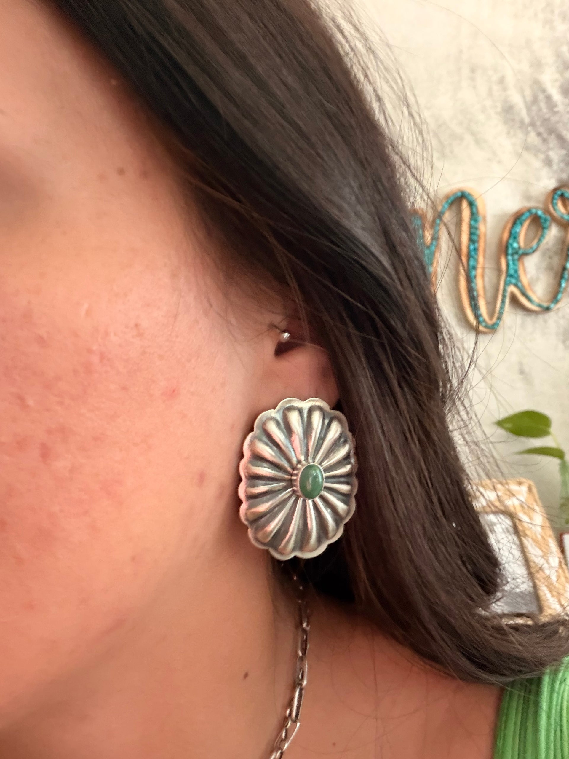 Navajo Made Kingman Turquoise & Sterling Silver Post Concho Earrings