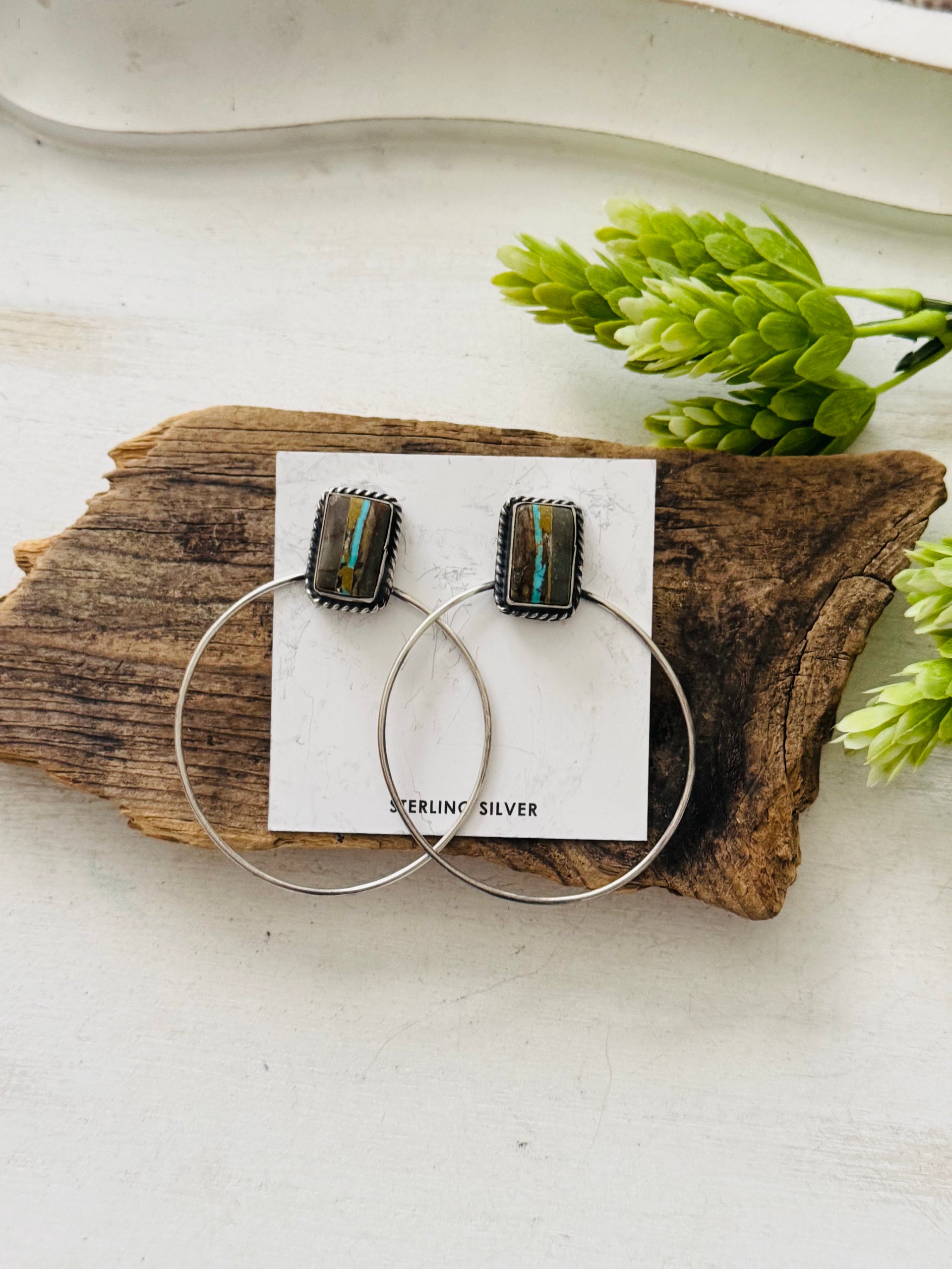 Elouise Kee Ribbon Royston & Sterling Silver Post Dangle Hoop Earrings