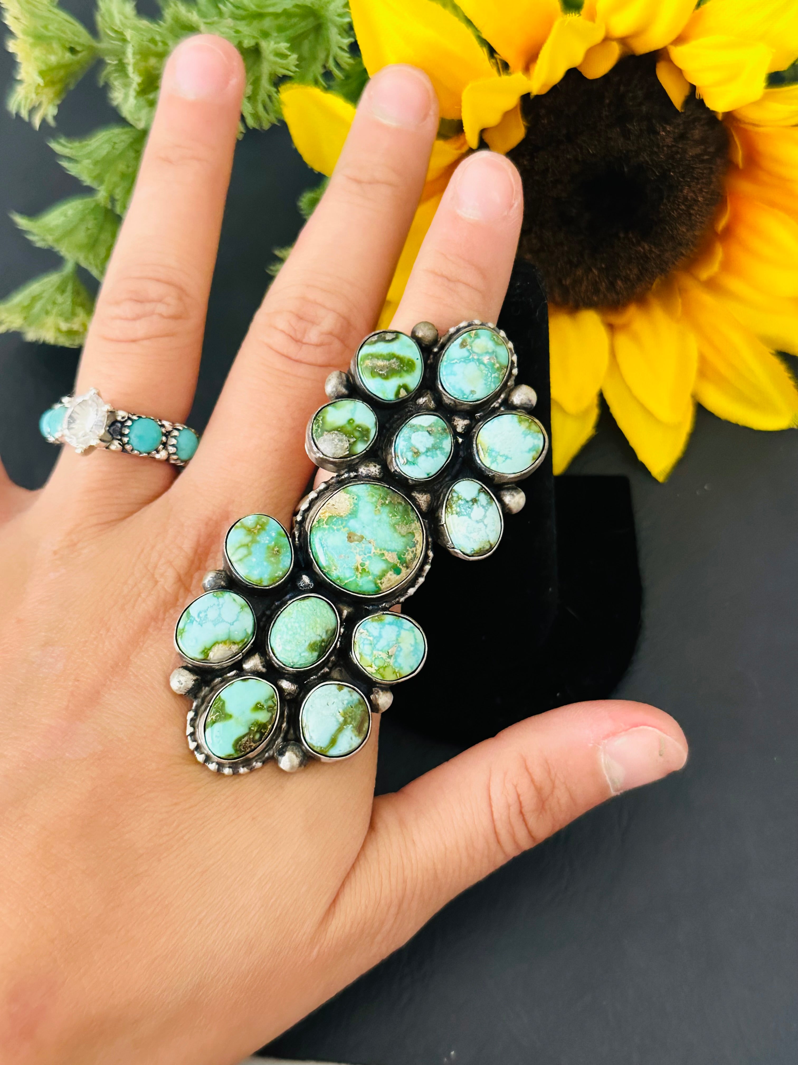 Navajo Handmade Sonoran Mountain Turquoise & Sterling Silver Cluster Ring Size 8.5