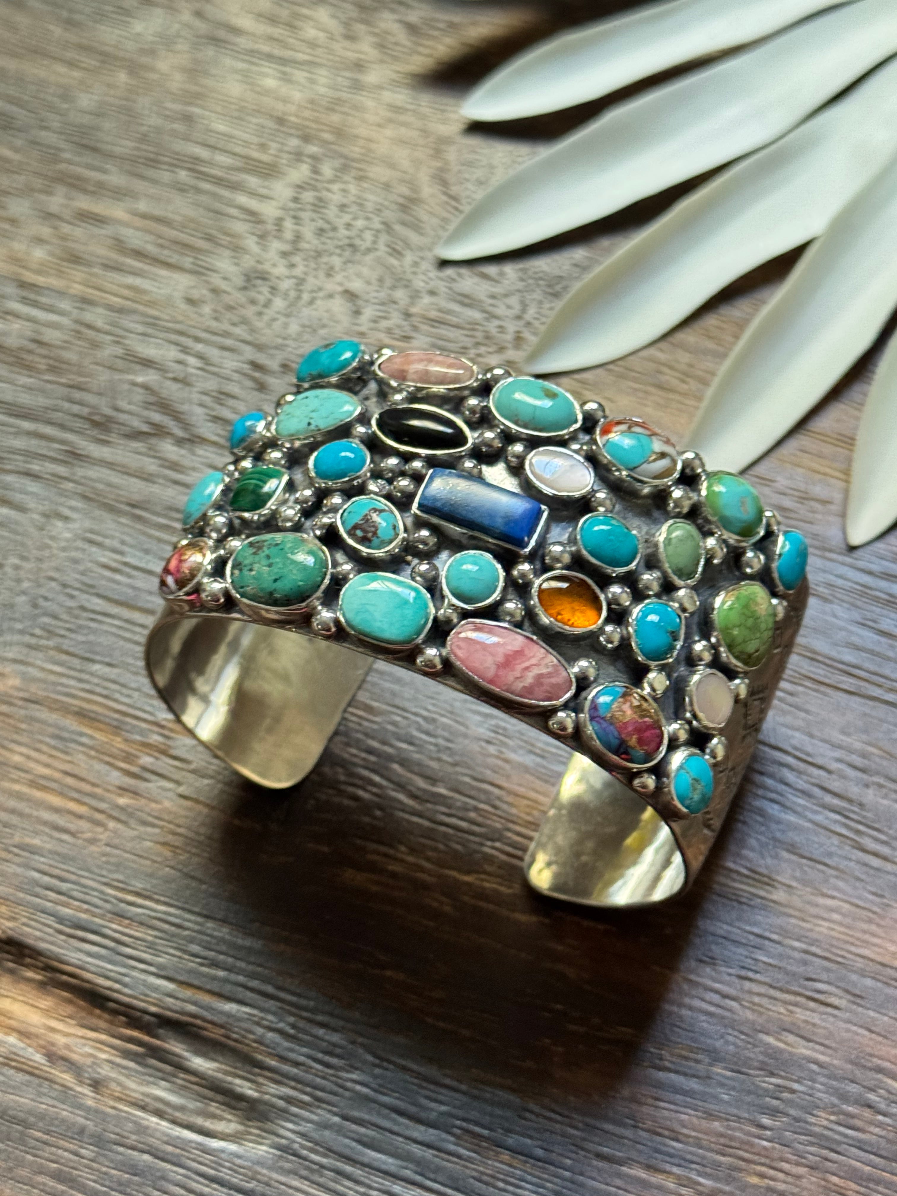 Larry Kaye Multi Stone & Sterling Silver Cluster Cuff Bracelet