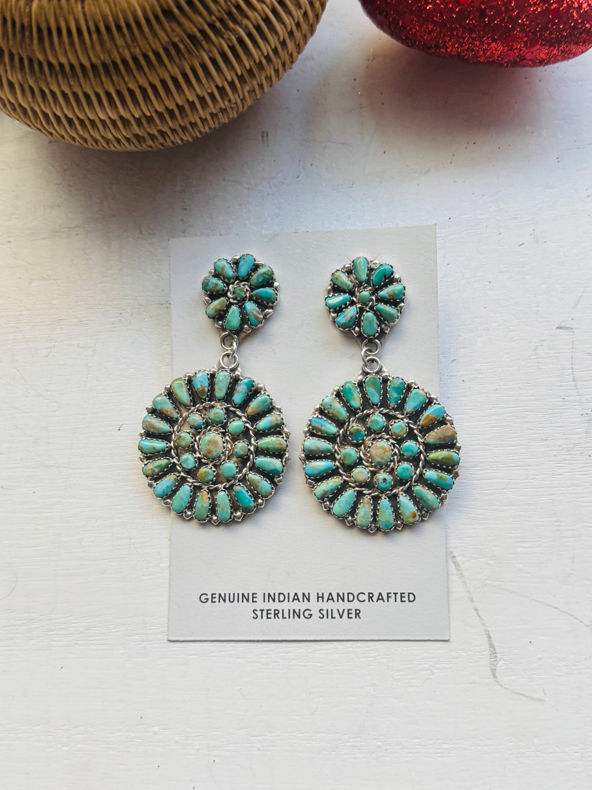 Leander Nez Kingman Turquoise & Sterling Silver Cluster Post Dangle Earrings