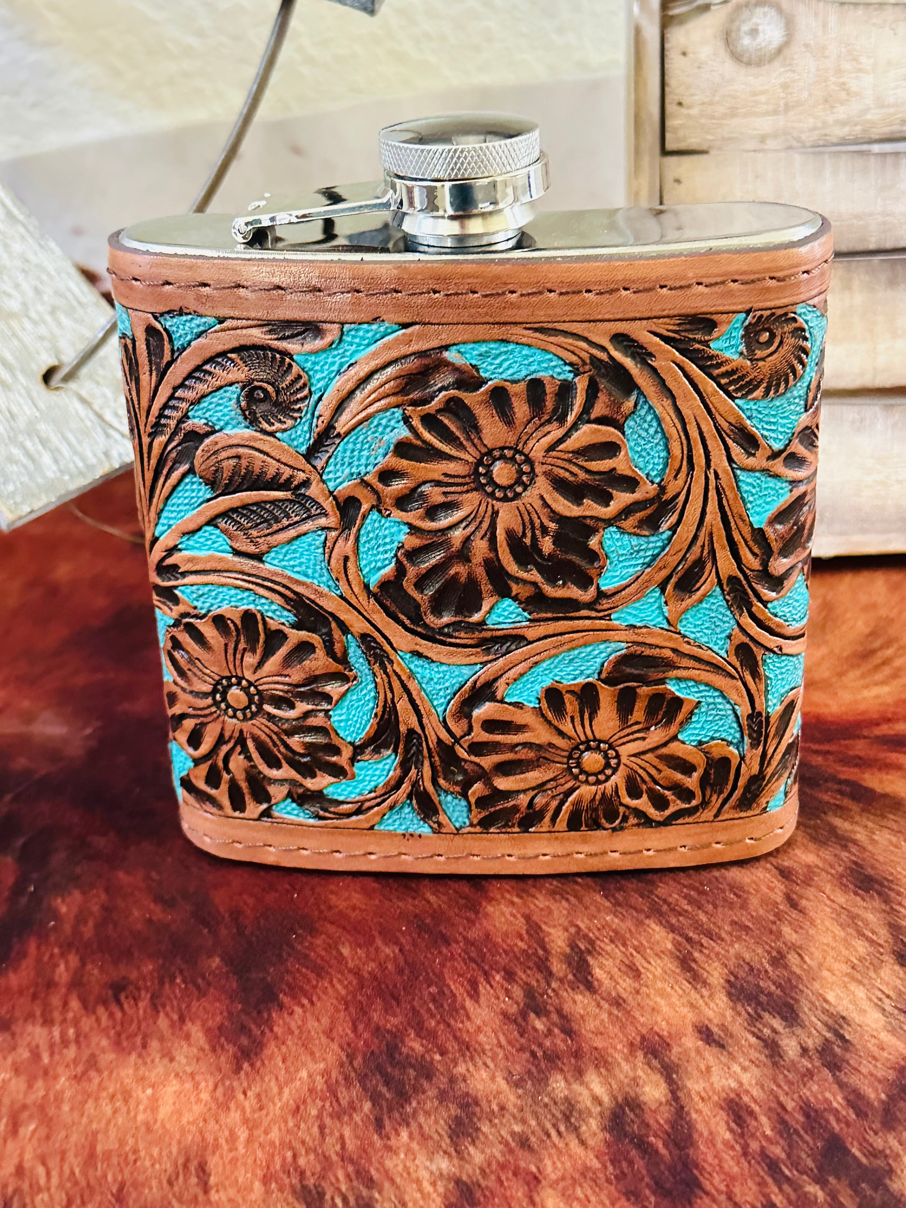 Genuine Tooled Leather 16 oz Flask