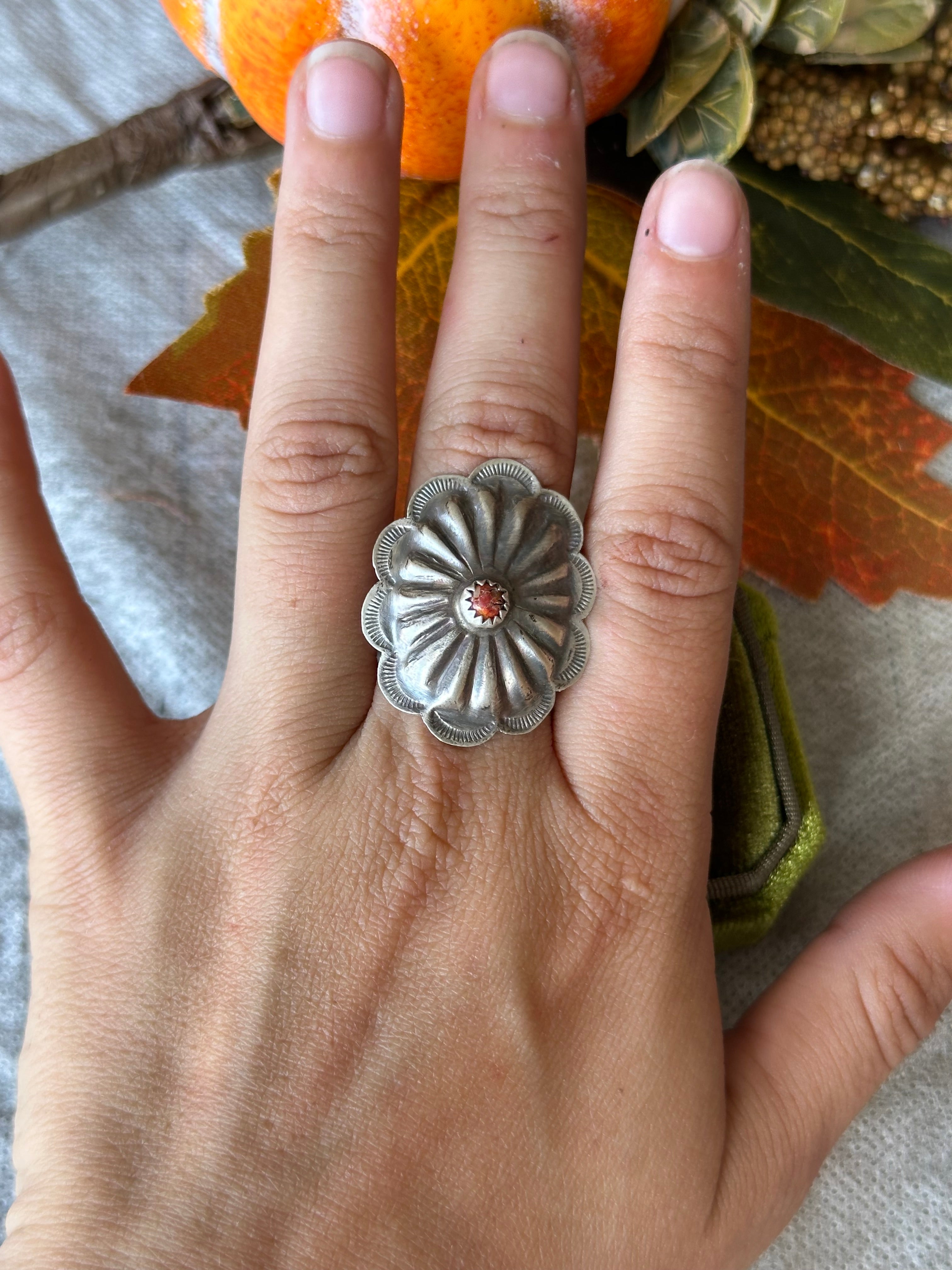 Navajo Made Spiny Oyster & Sterling Silver Concho Rings