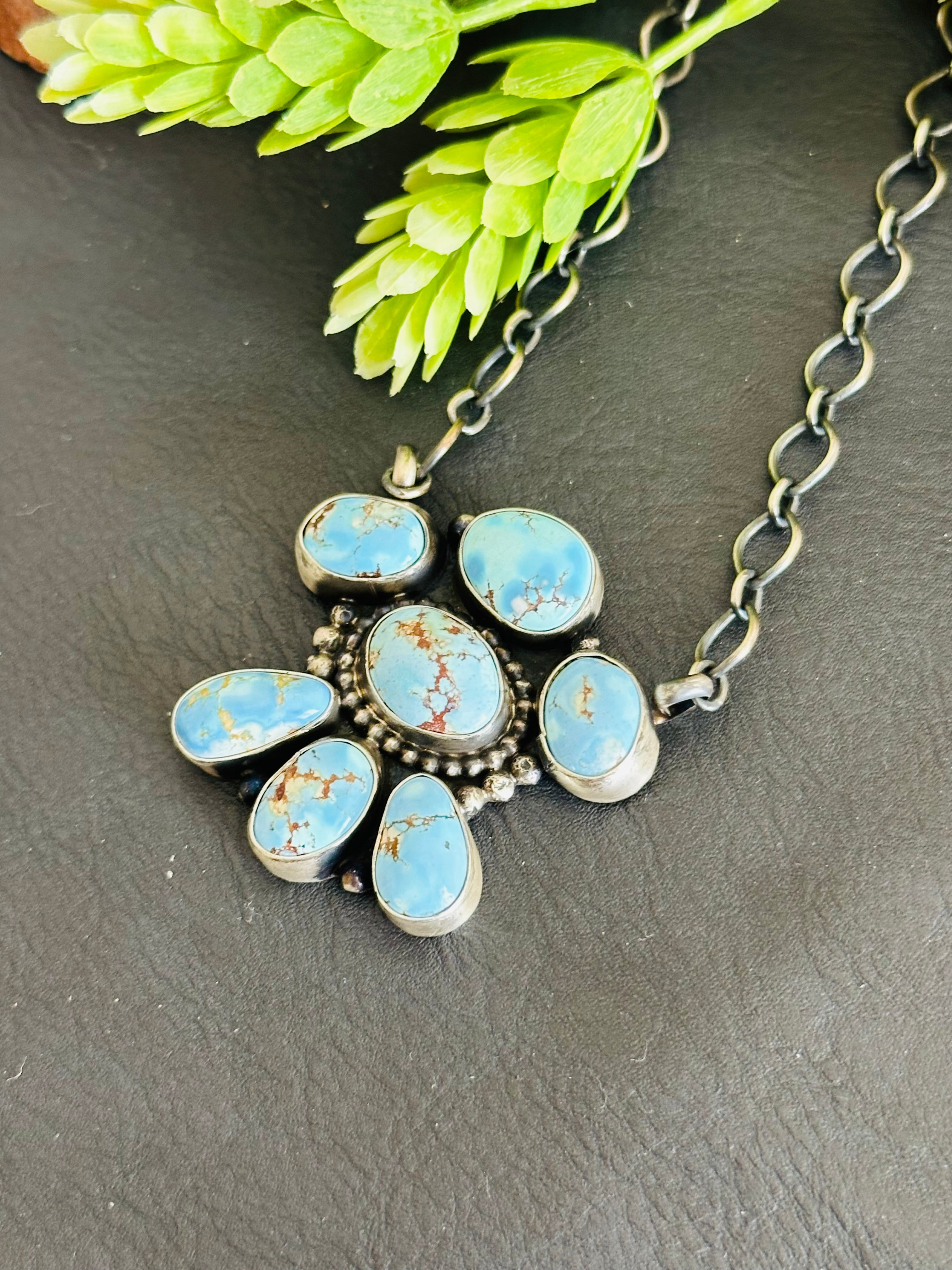 Navajo Made Golden Hills Turquoise & Sterling Silver Cluster Necklace