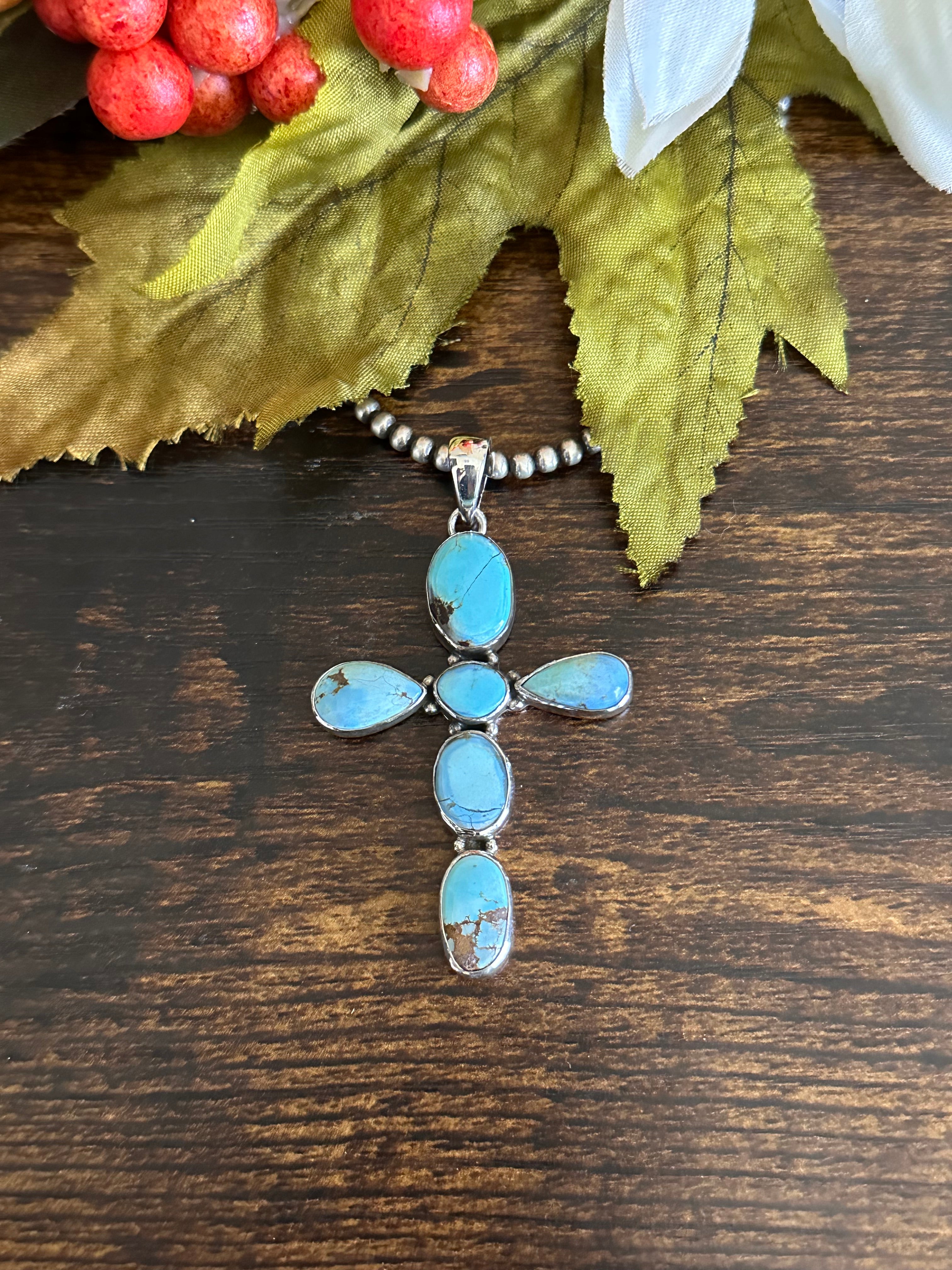 Southwest Handmade Golden Hills Turquoise & Sterling Silver Cross Pendant