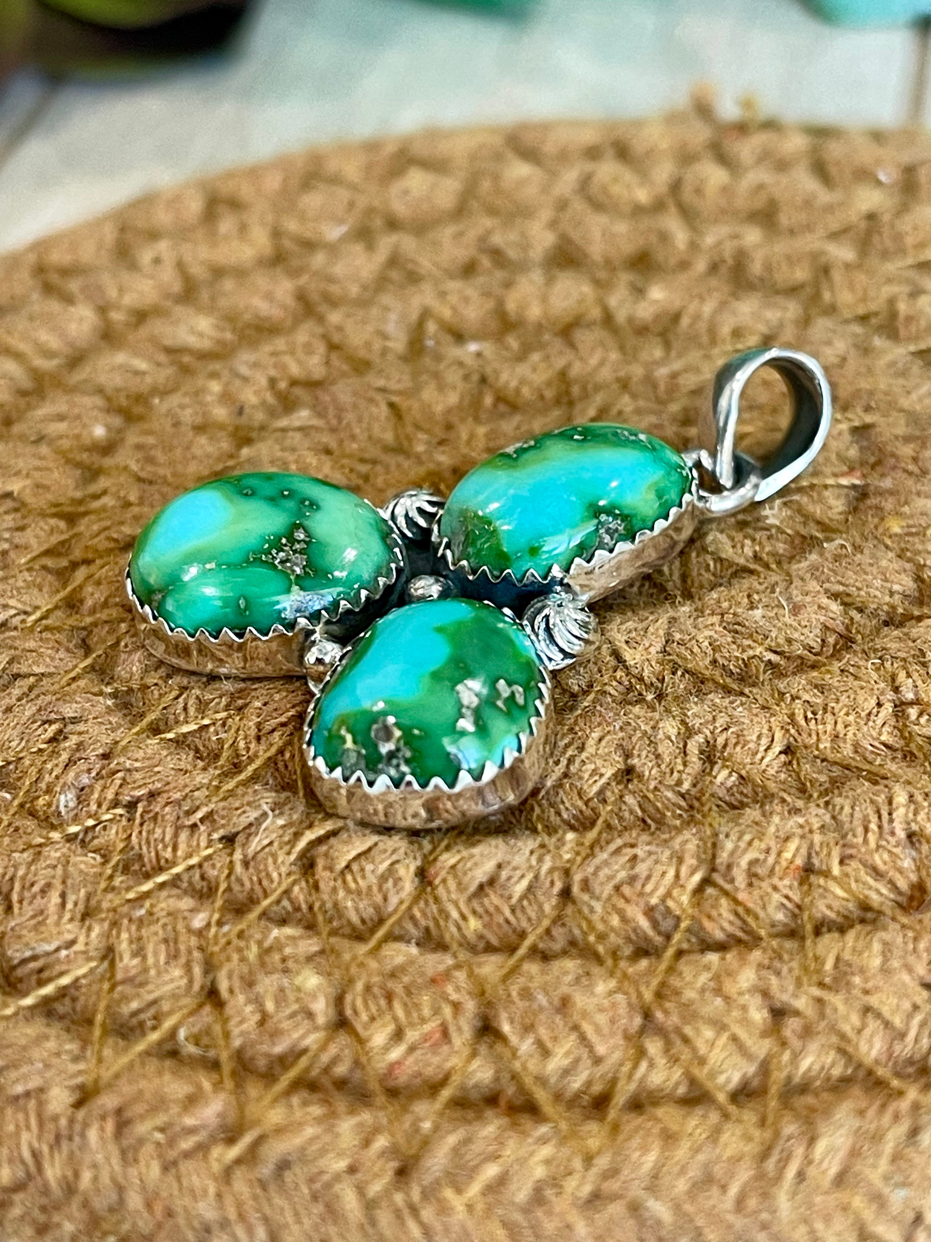 Southwest Handmade Sonoran Mountain Turquoise & Sterling Silver 3 Stone Pendant