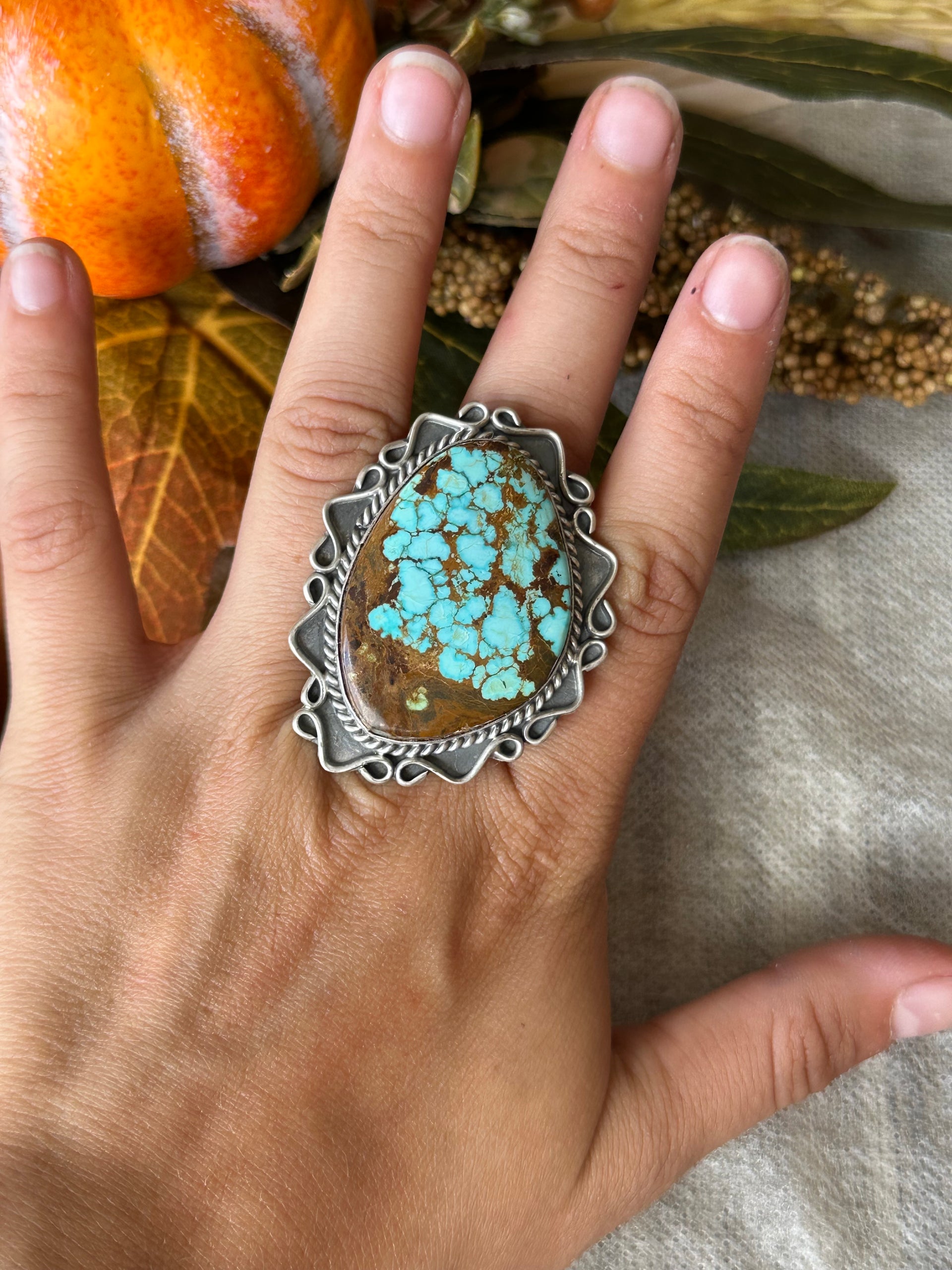 Navajo Handmade #8 Turquoise & Sterling Silver Adjustable Ring