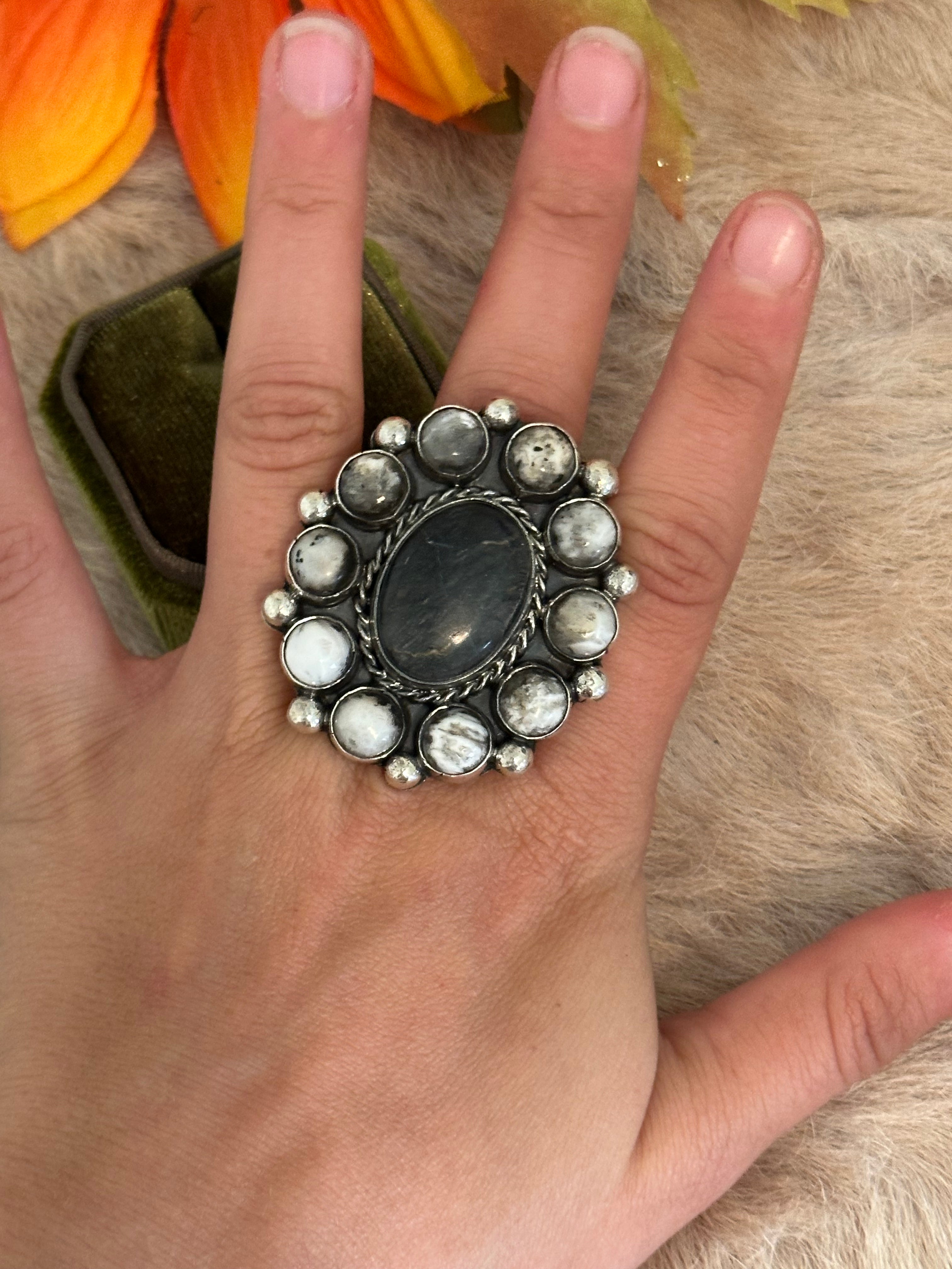 Navajo Handmade White Buffalo & Sterling Silver Adjustable Cluster Ring