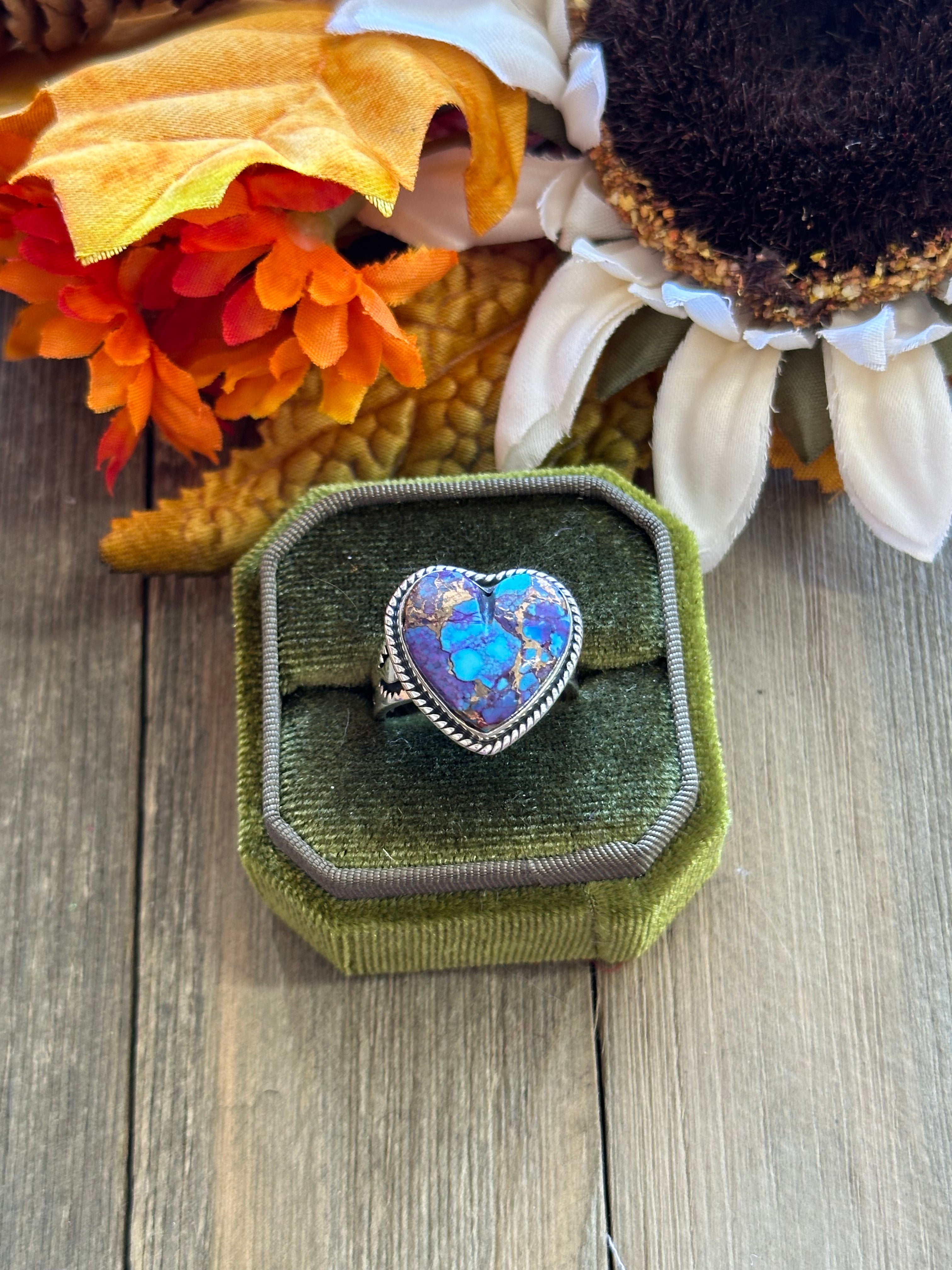 Southwest Handmade Mohave Turquoise & Sterling Silver Adjustable Heart Ring