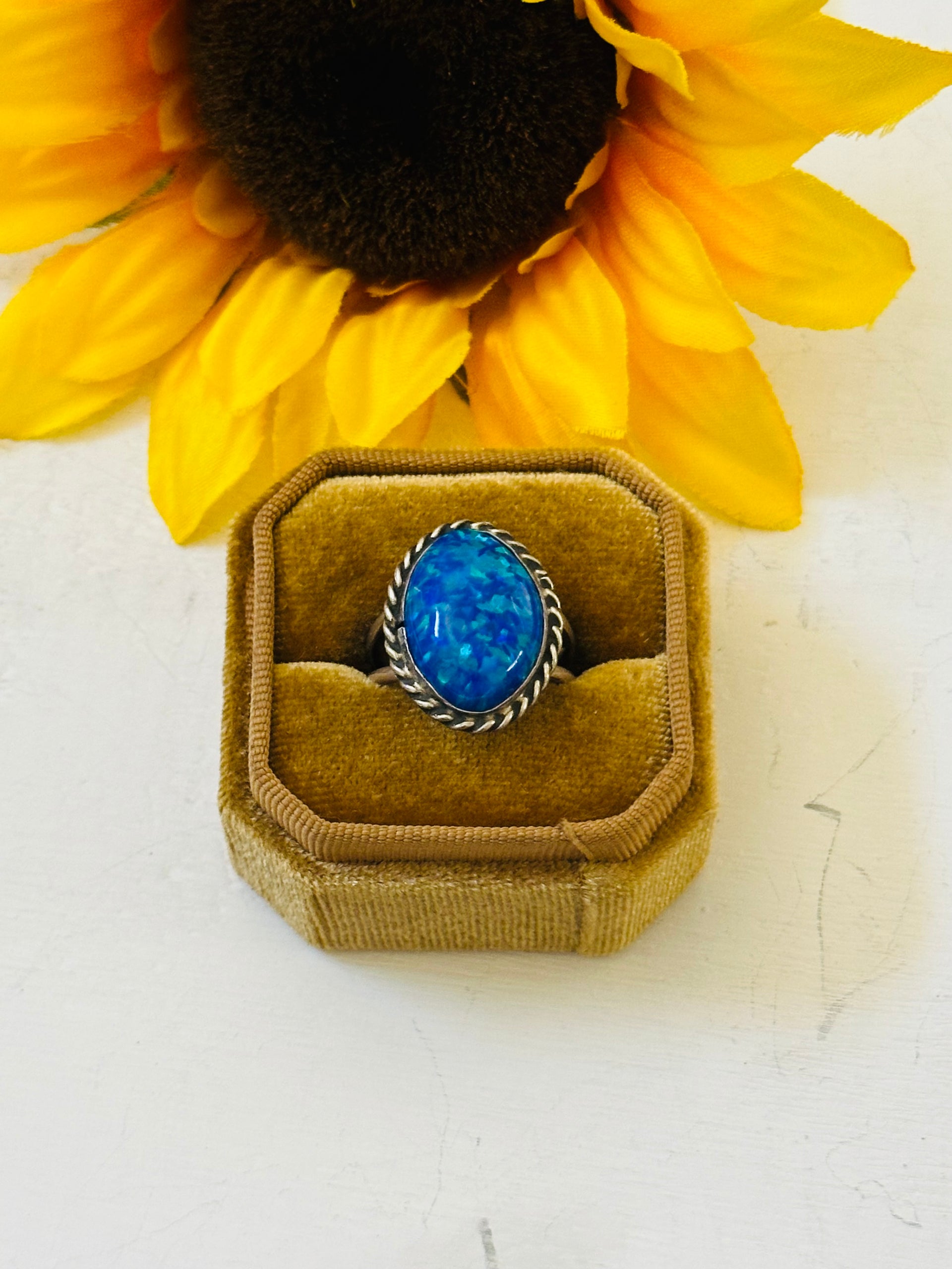 Navajo Made Blue Opal & Sterling Silver Ring Size 8.5