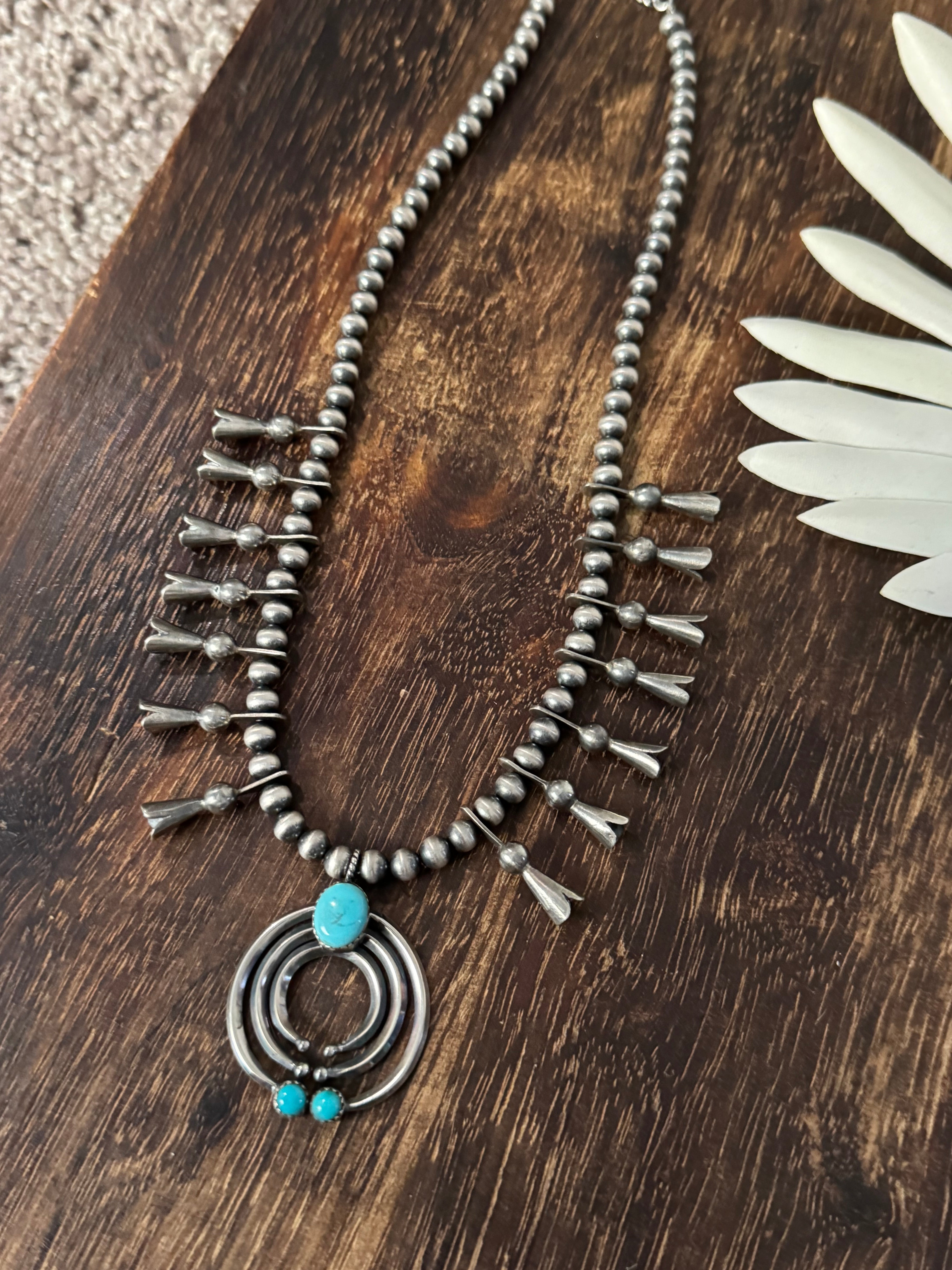 Southwest Handmade Kingman Turquoise & Sterling Silver Squash Blossom Necklace