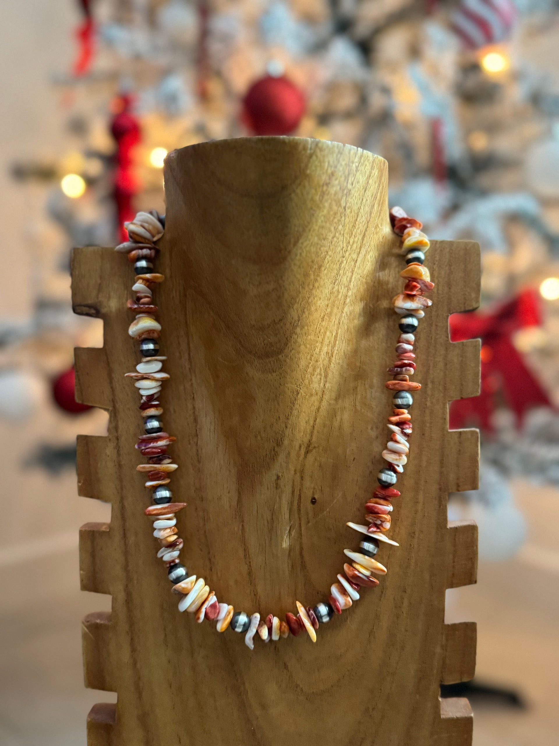 Navajo Strung Red/Orange Spiny Oyster & Sterling Silver Pearl Necklace