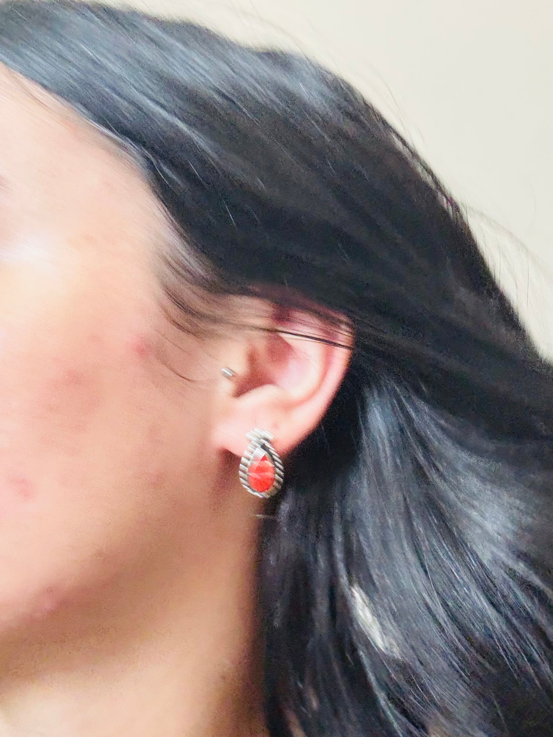 Zuni Made Coral & Sterling Silver Post Inlay Shadowbox Earrings