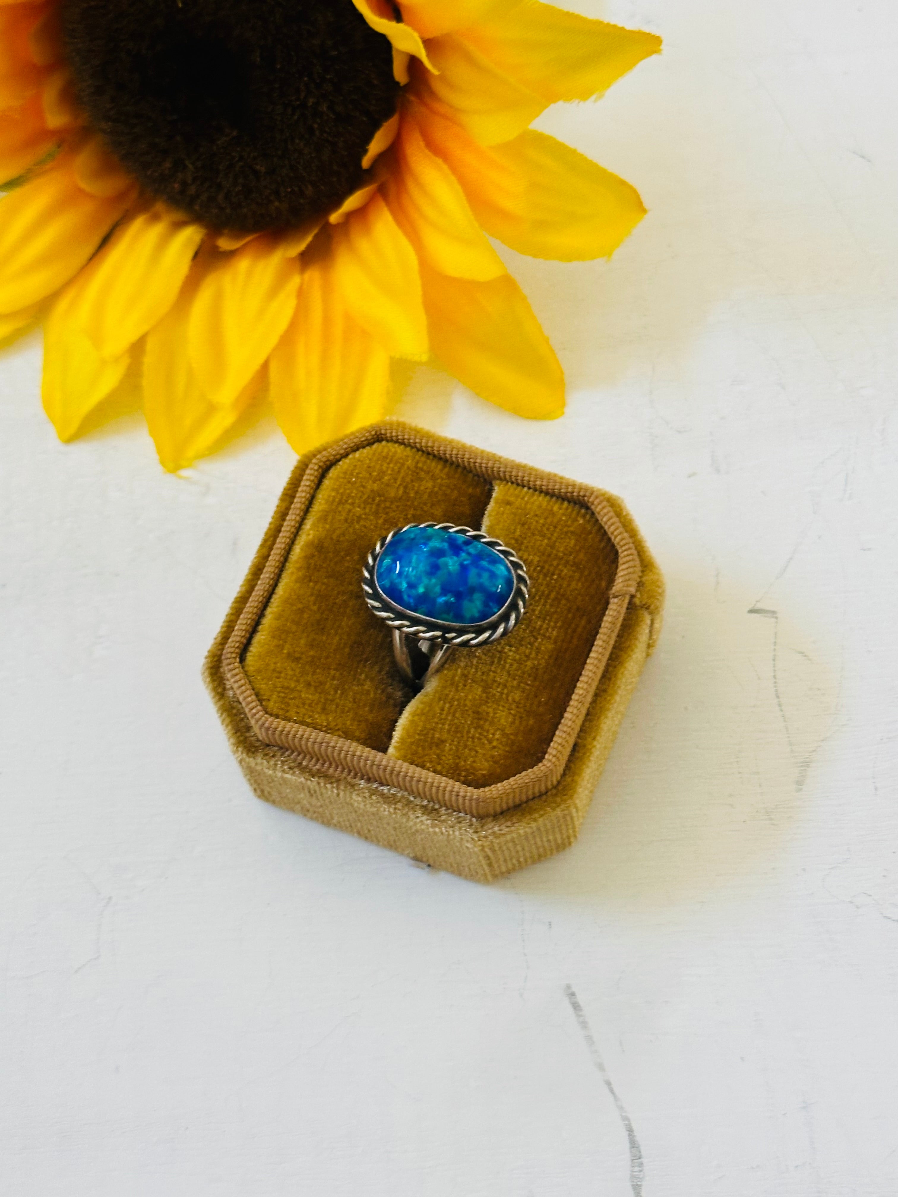 Navajo Made Blue Opal & Sterling Silver Ring Size 7