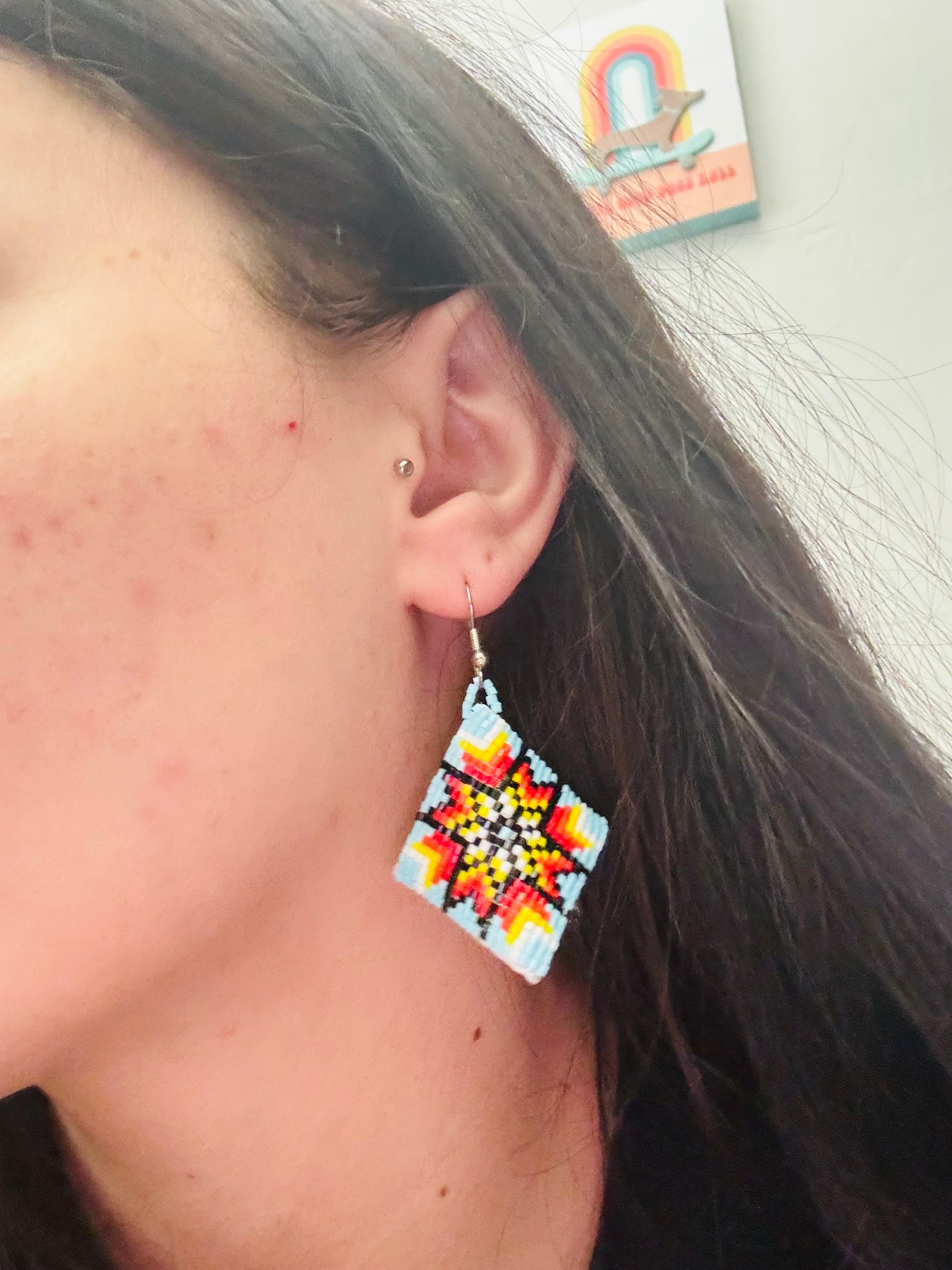 Navajo Made Leather Beaded & Sterling Silver Dangle Earrings