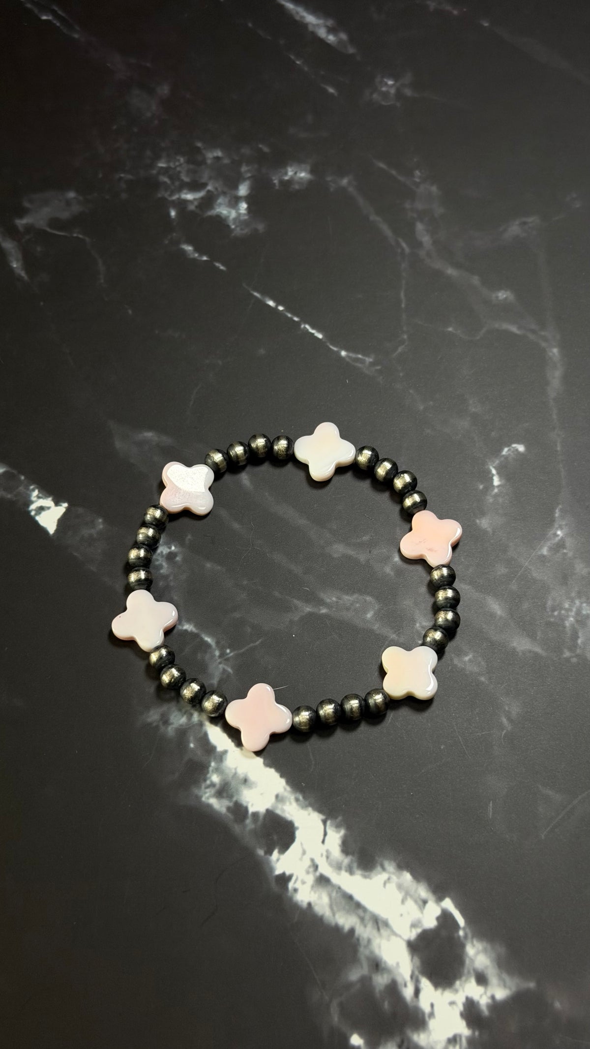 Navajo Strung Pink Conch & Sterling Silver Machine Made Pearl Beaded Stretch Bracelet