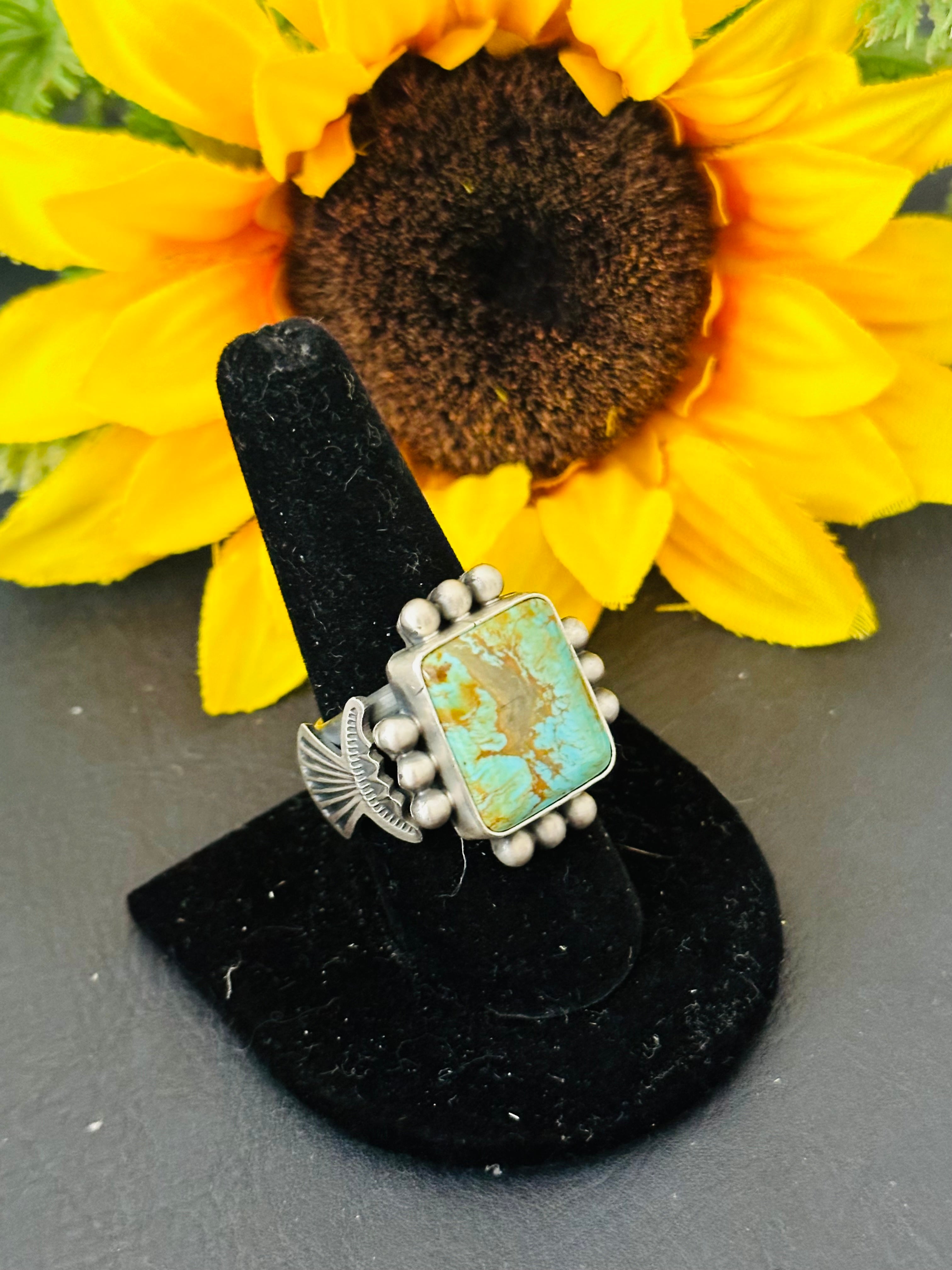 Martha Cayatino Kingman Turquoise & Sterling Silver Ring Size 9.5